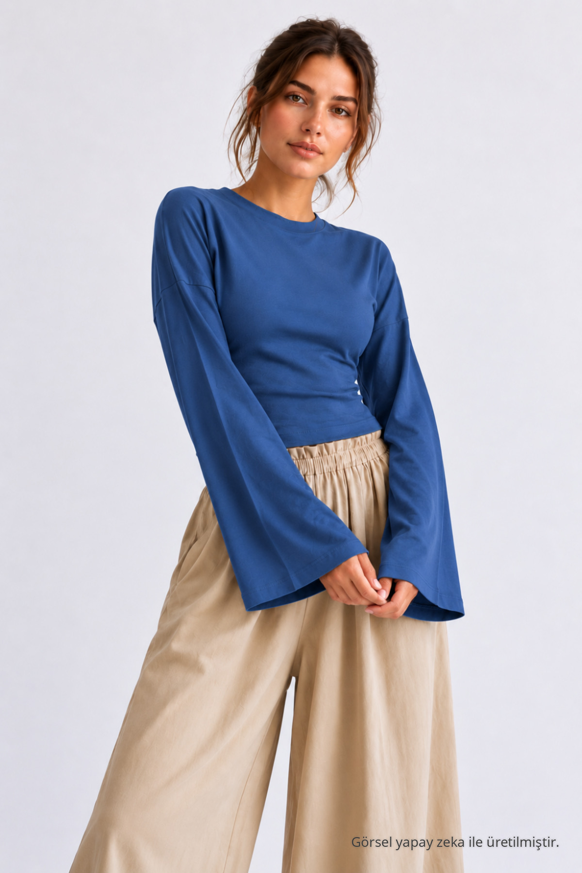 Kadın Basic Geniş Kol 3 Lü Crop Bluz Füme 7