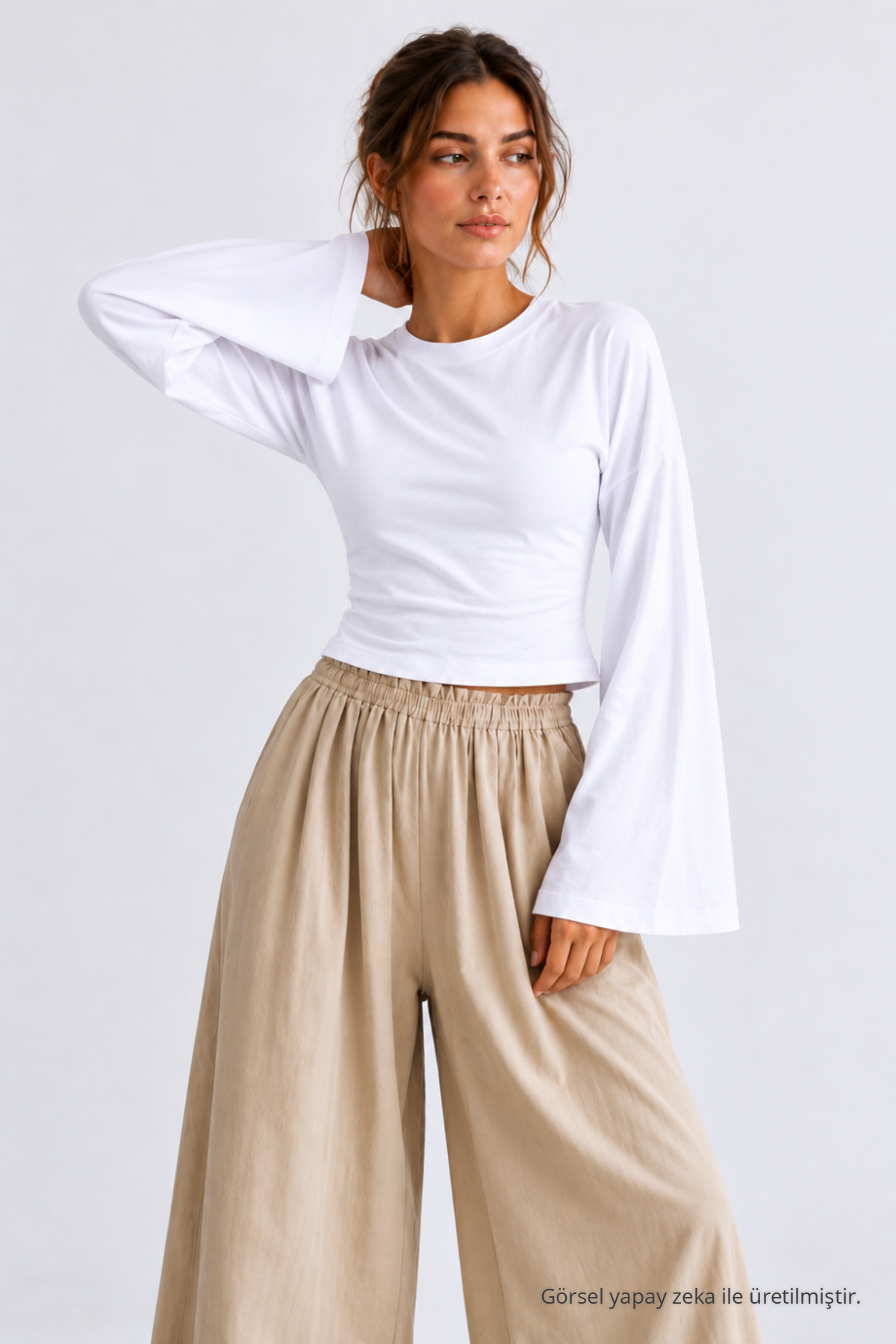 Kadın Basic Geniş Kol 3 Lü Crop Bluz Gri 5
