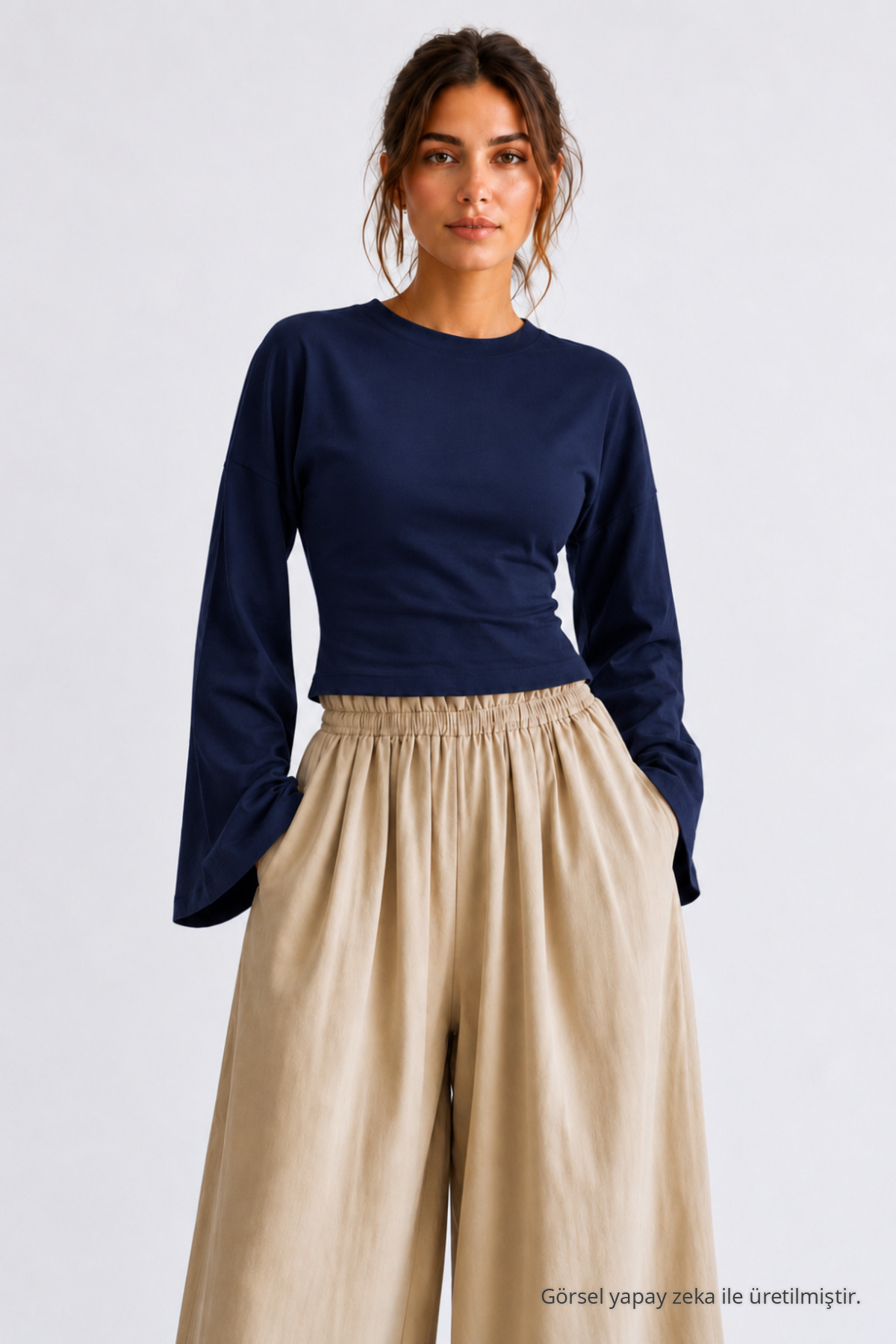 Kadın Basic Geniş Kol 3 Lü Crop Bluz Kahve 4