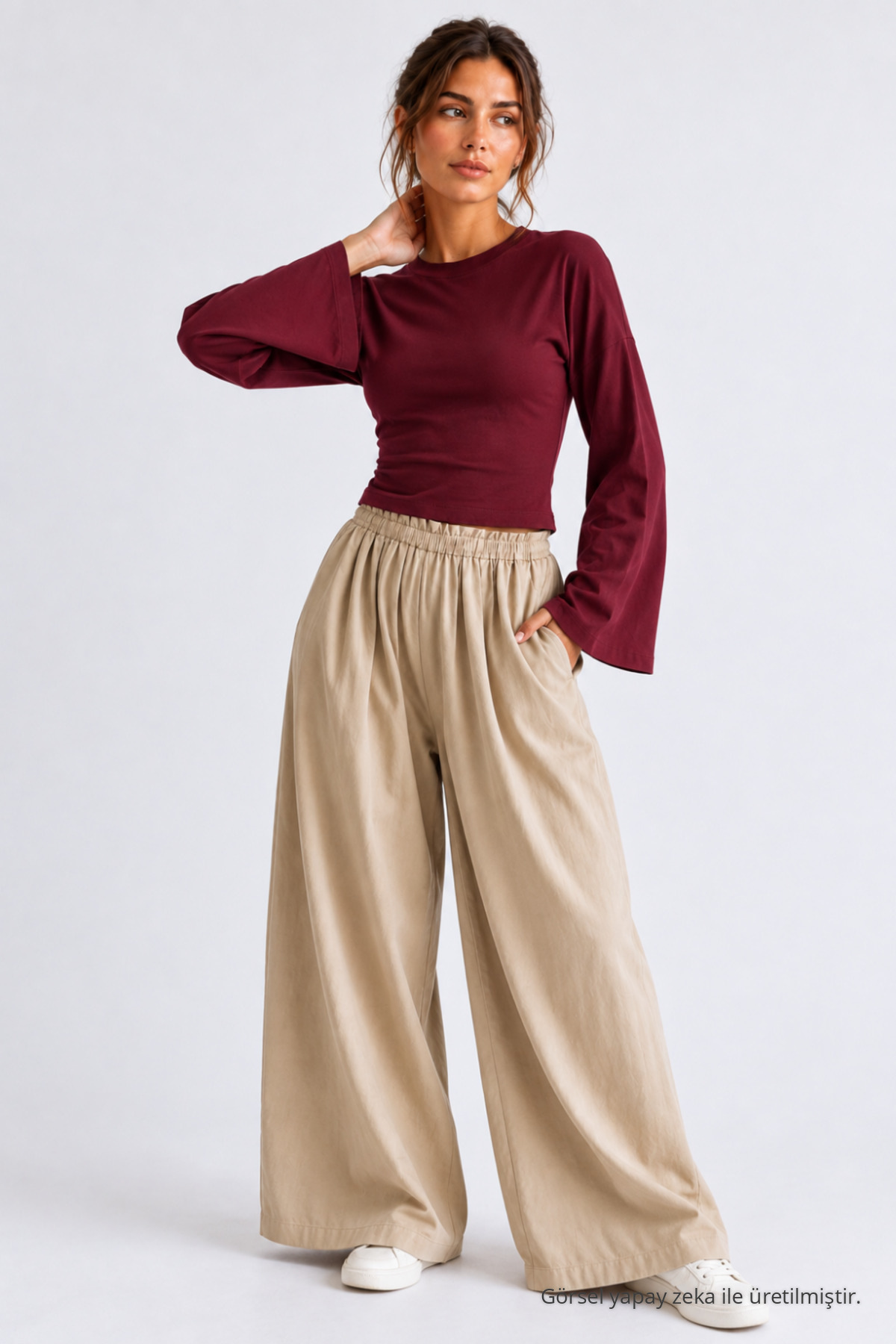 Kadın Basic Geniş Kol 3 Lü Crop Bluz Kahve 3