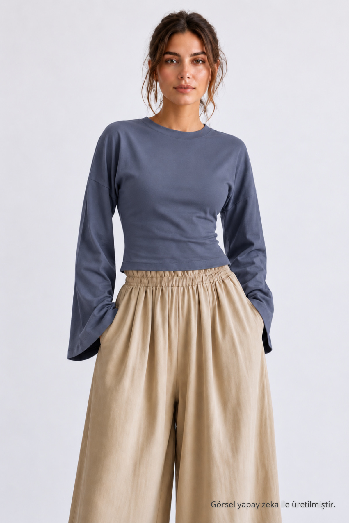 Kadın Basic Geniş Kol 3 Lü Crop Bluz Pudra 4