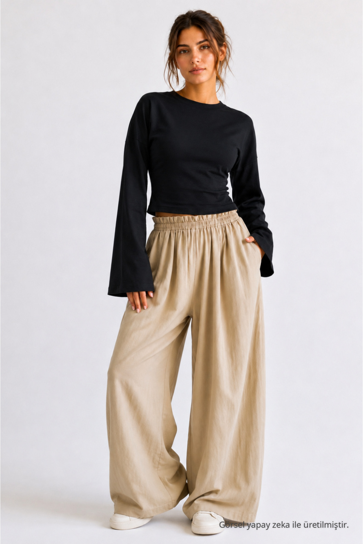 Kadın Basic Geniş Kol 3 Lü Crop Bluz Siyah 7