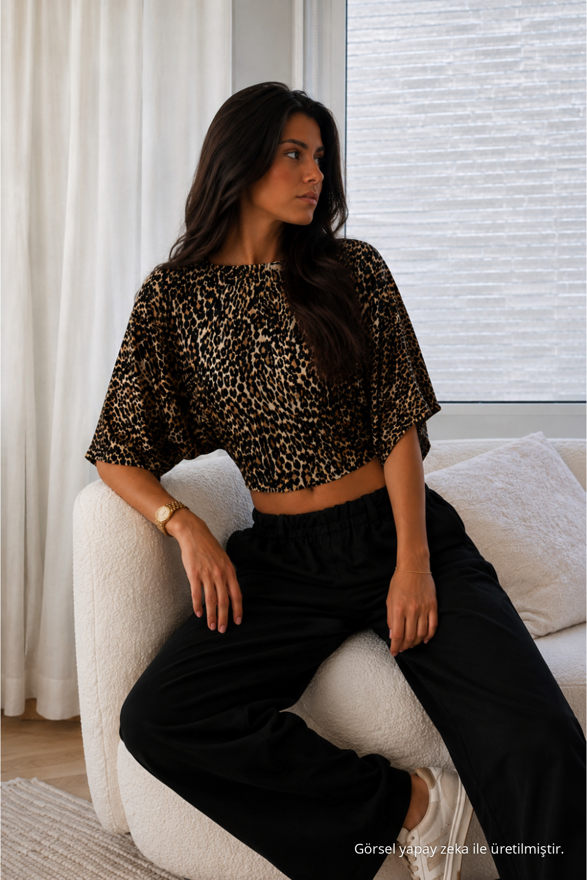 Kadın Yarasa Kollu Basic Dar 3 Lü Crop Bluz Beyaz-Siyah-Leopar 3
