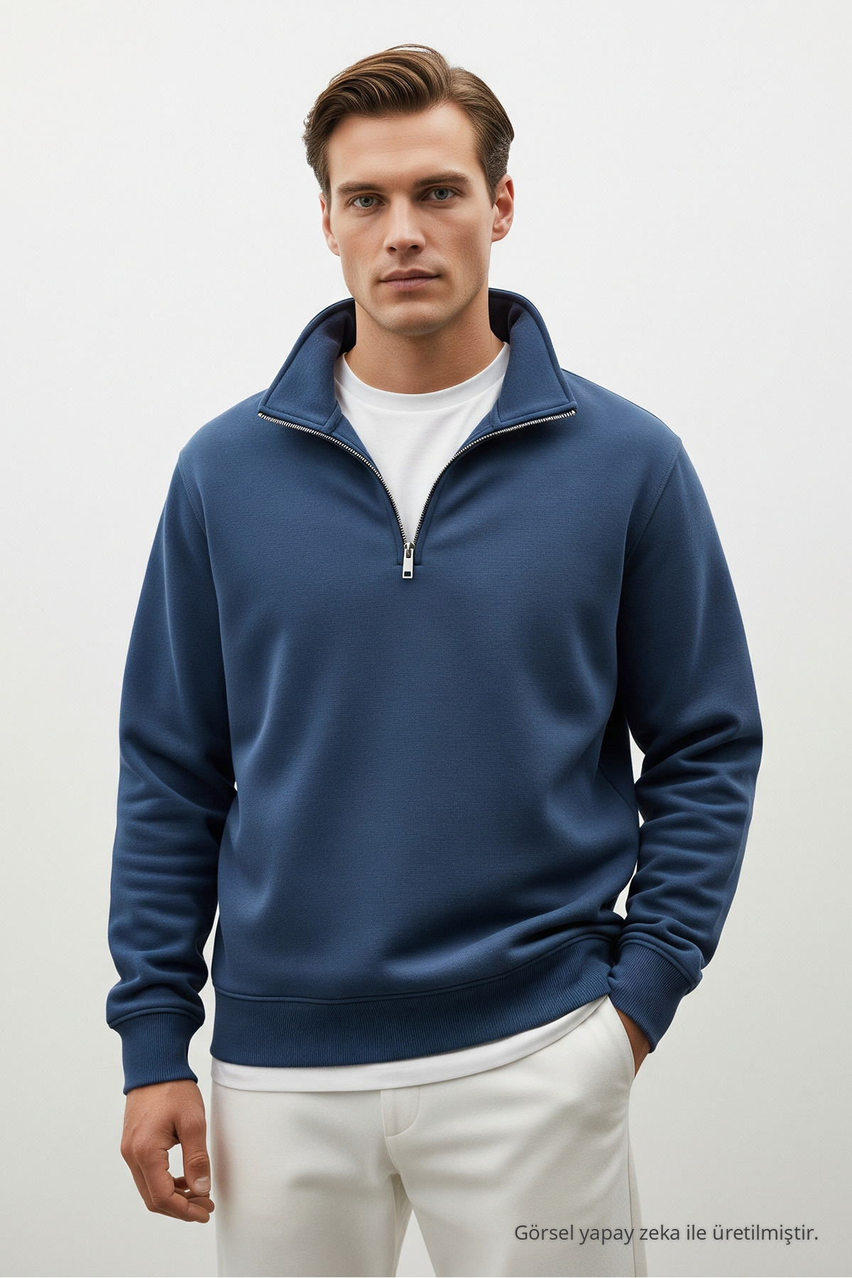 Erkek Salaş Yarım Fermuarlı 3 Lü Sweatshirt BEYAZ 4