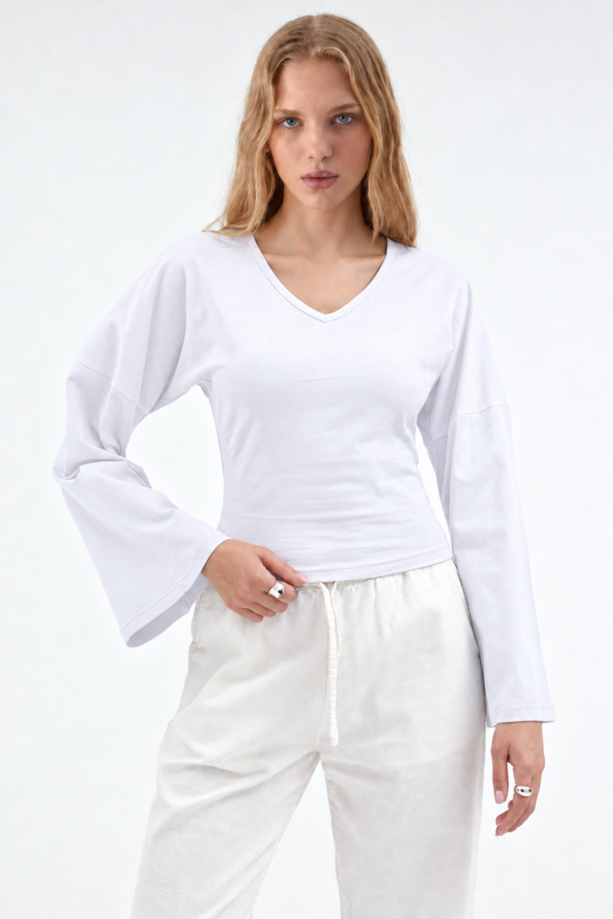 Kadın Reglan Kol Dokulu Crop 3' Lu Bluz Beyaz 4