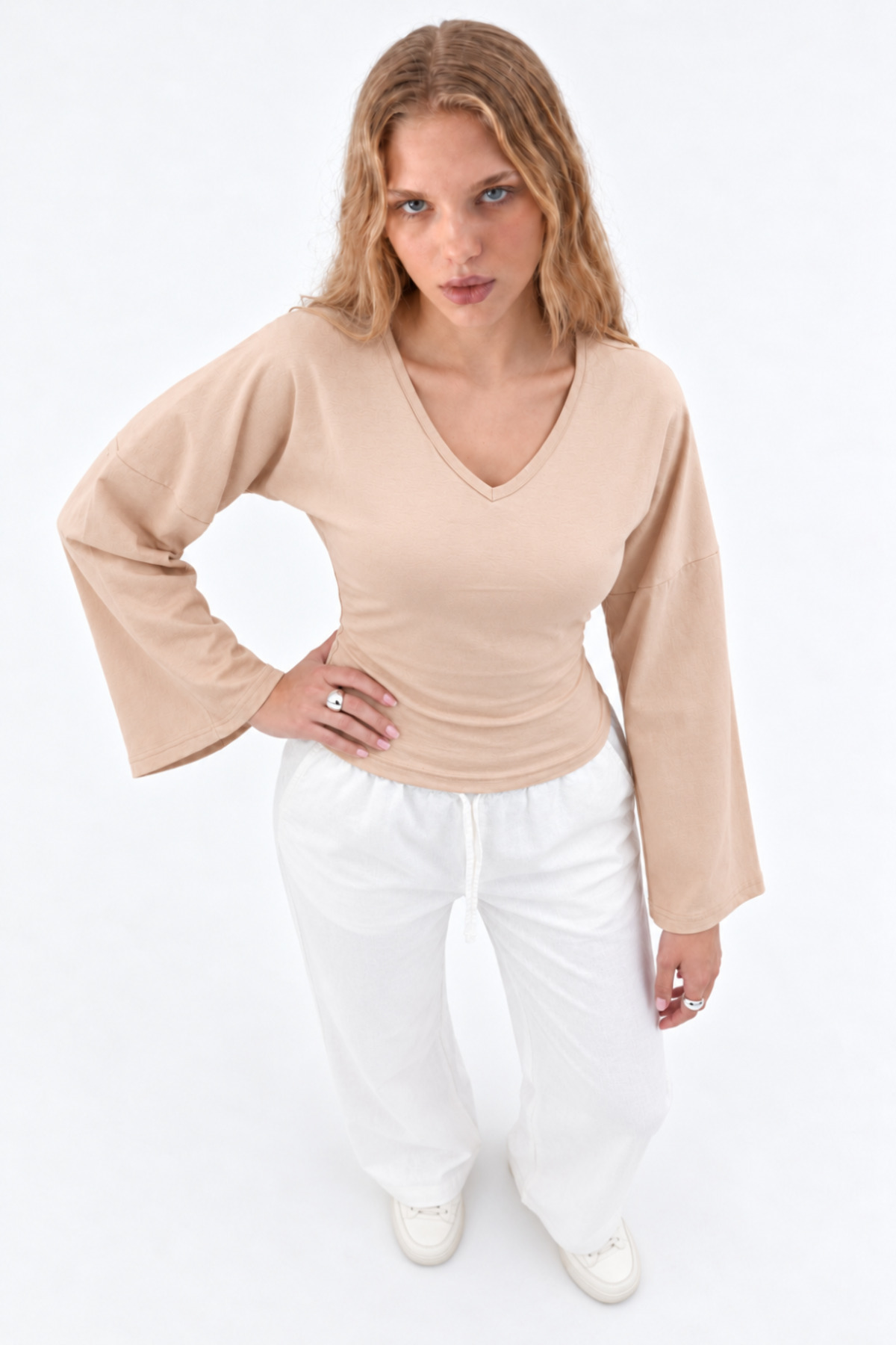 Kadın Reglan Kol Dokulu Crop 3' Lu Bluz Beyaz 3