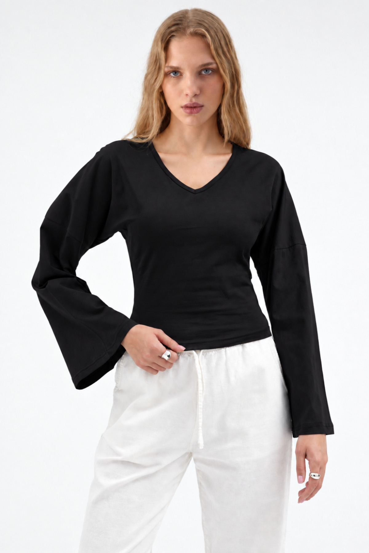 Kadın Reglan Kol Dokulu Crop 3' Lu Bluz Gri 6