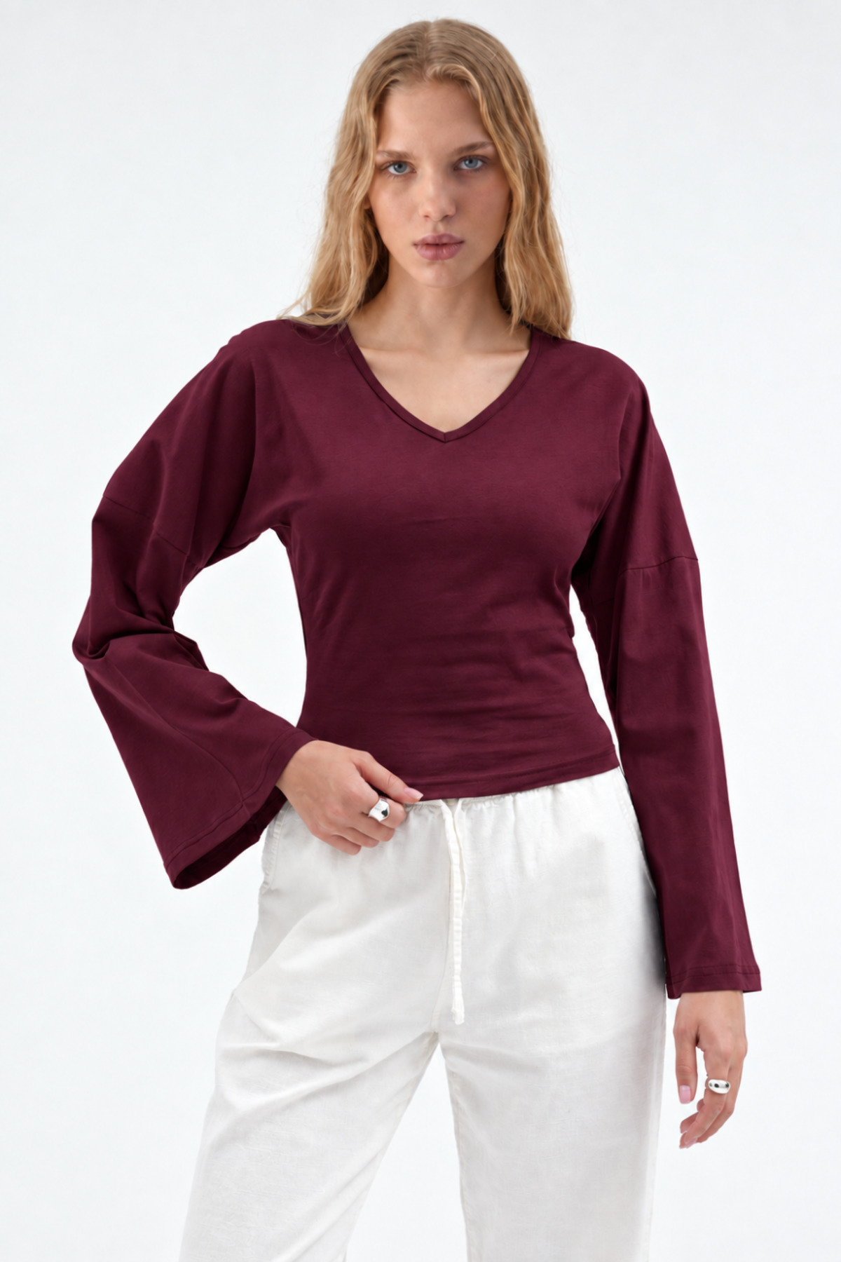 Kadın Reglan Kol Dokulu Crop 3' Lu Bluz Gri 4