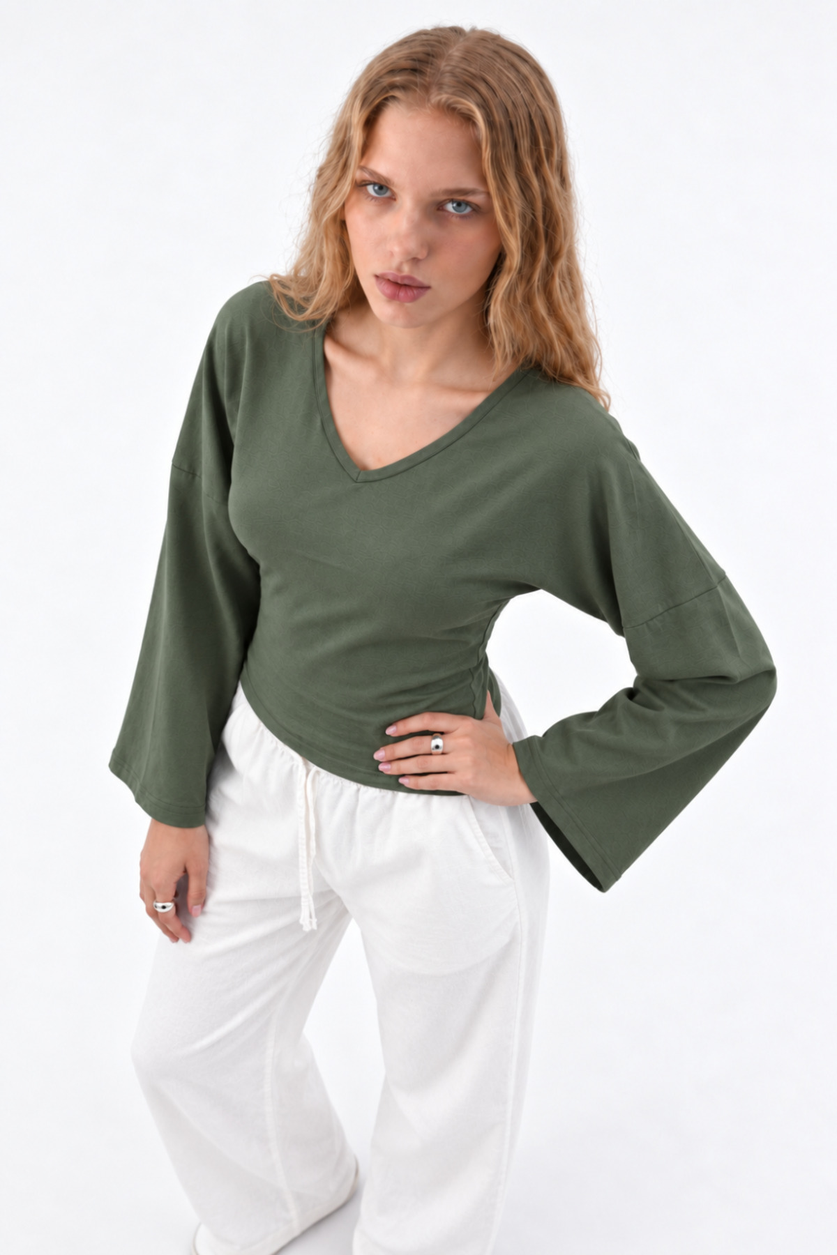 Kadın Reglan Kol Dokulu Crop 3' Lu Bluz Lacivert 5