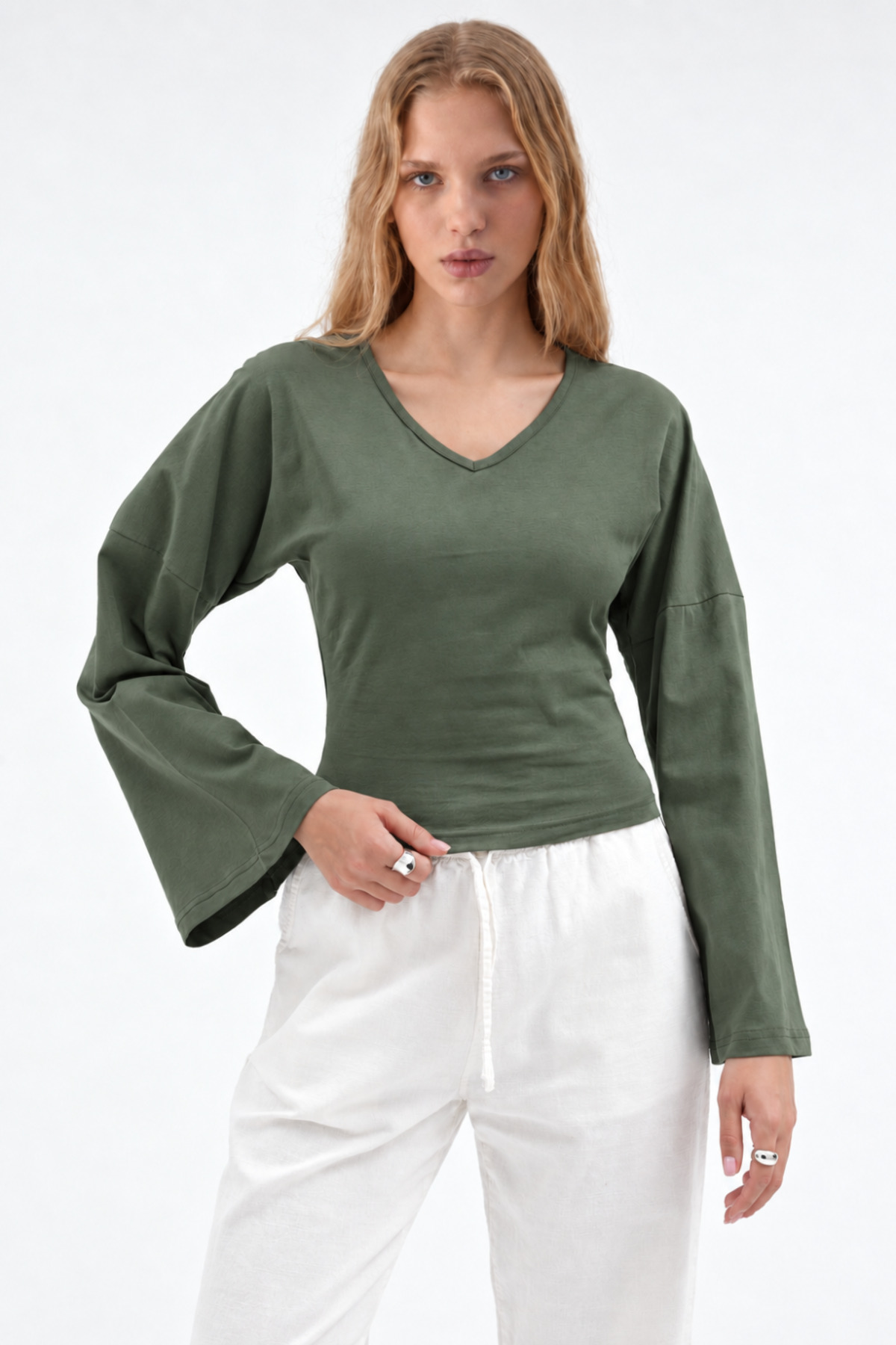 Kadın Reglan Kol Dokulu Crop 3' Lu Bluz Lacivert 4