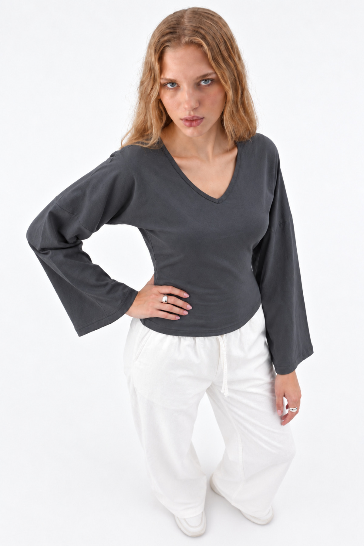 Kadın Reglan Kol Dokulu Crop 3' Lu Bluz Yeşil 5