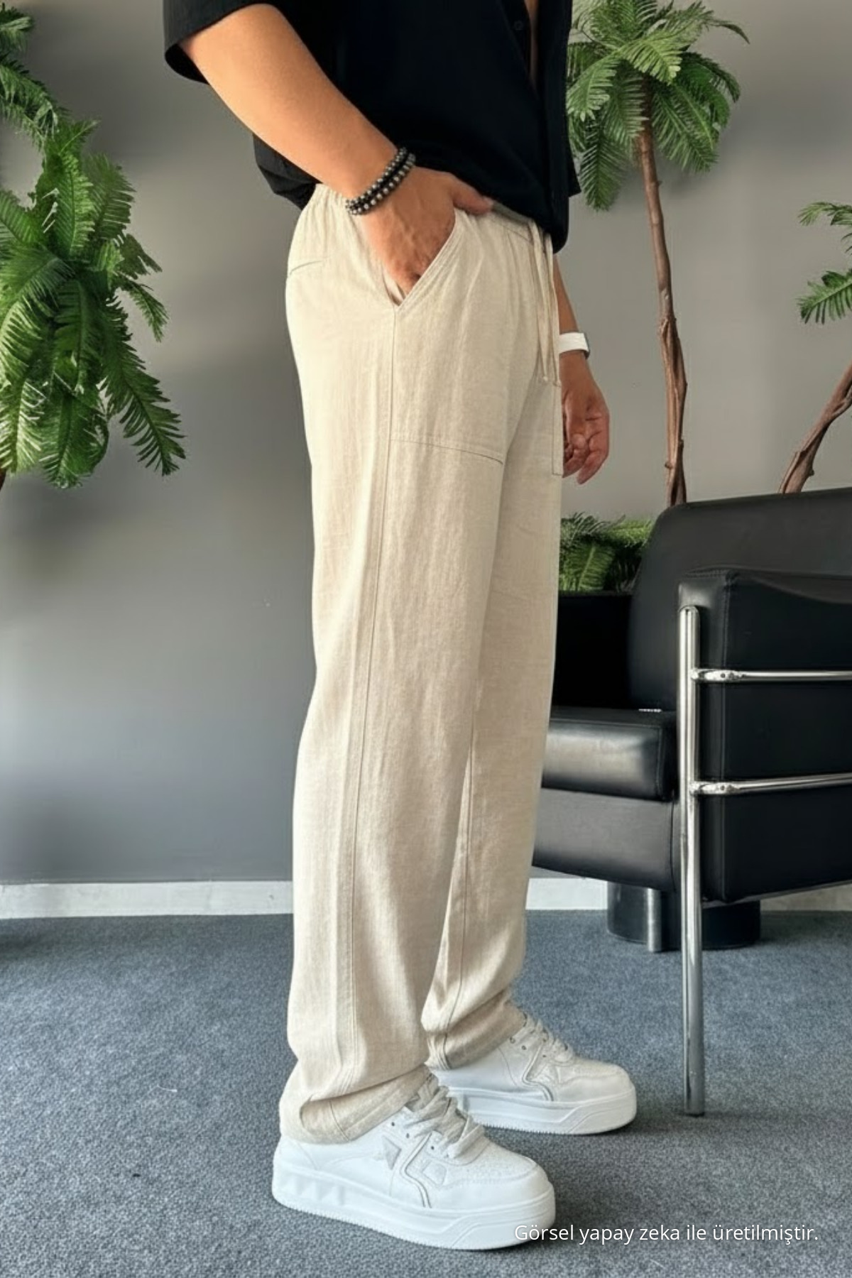 Erkek Beli Lastikli 3 Lü Keten Pantolon Bej 5