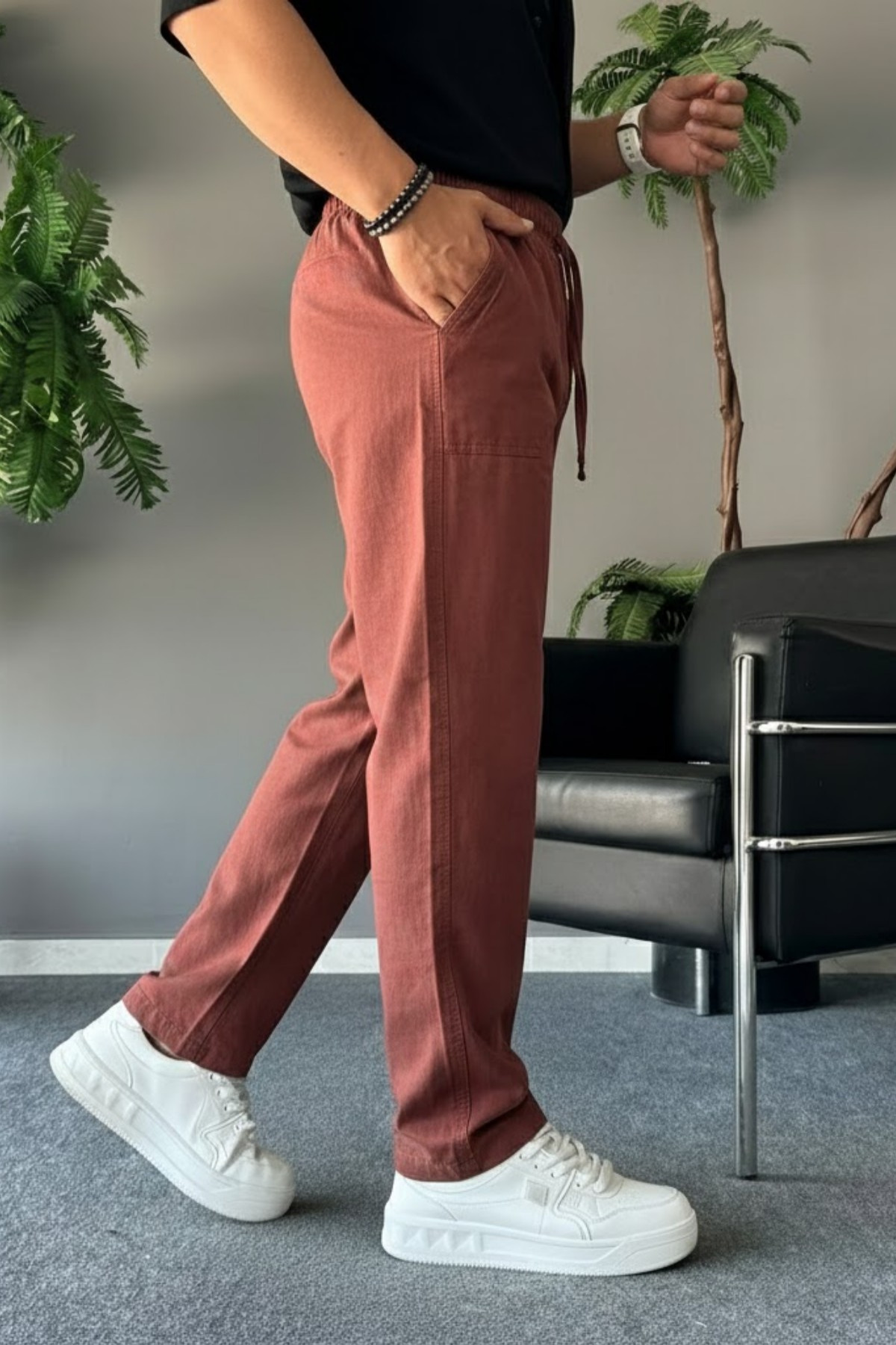 Erkek Beli Lastikli 3 Lü Keten Pantolon Beyaz 5