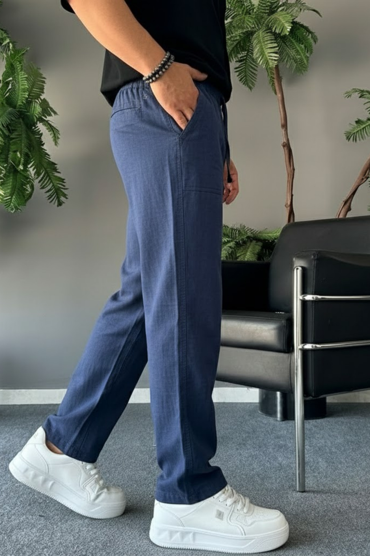 Erkek Beli Lastikli 3 Lü Keten Pantolon Beyaz 6