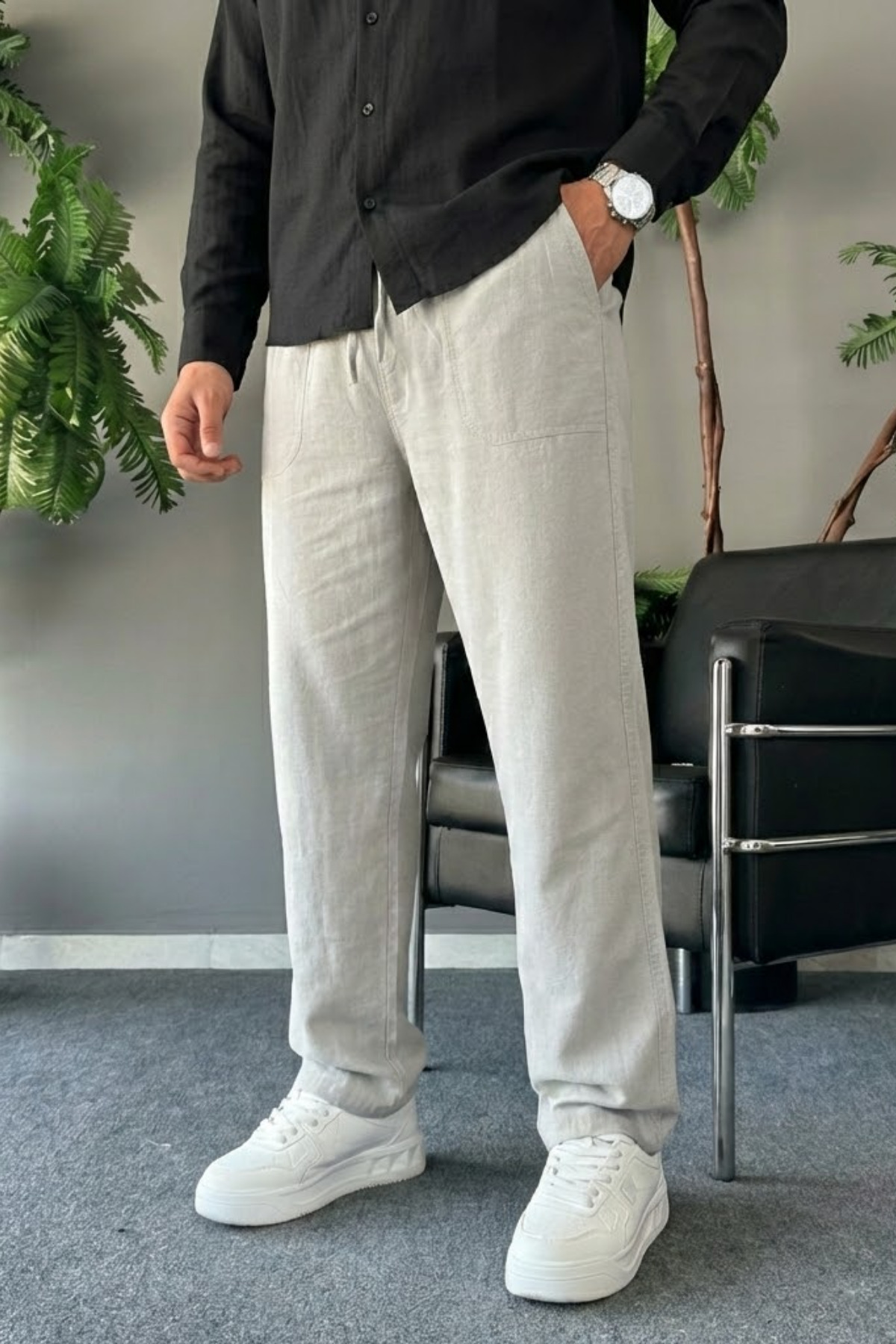 Erkek Beli Lastikli 3 Lü Keten Pantolon FÜME 3