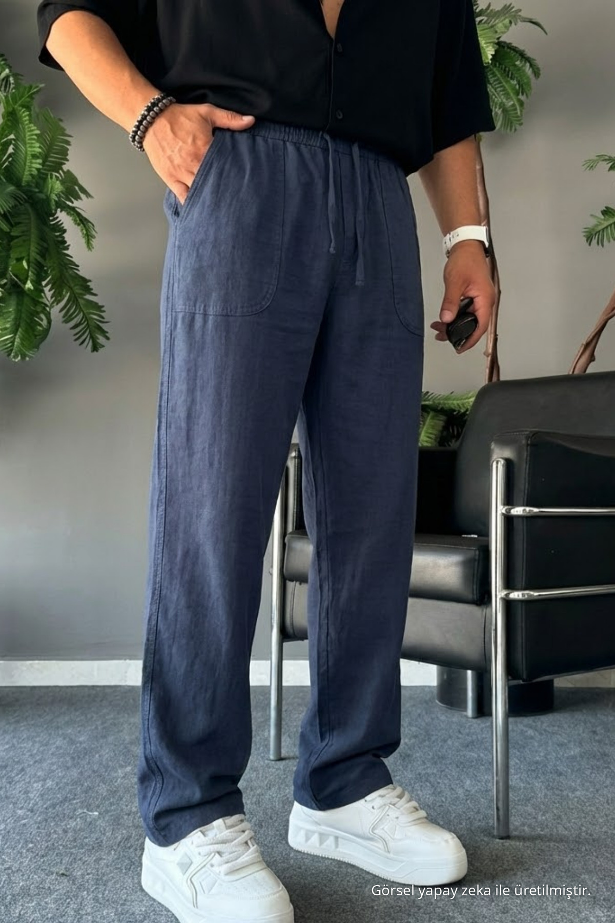 Erkek Beli Lastikli 3 Lü Keten Pantolon GRİ 3