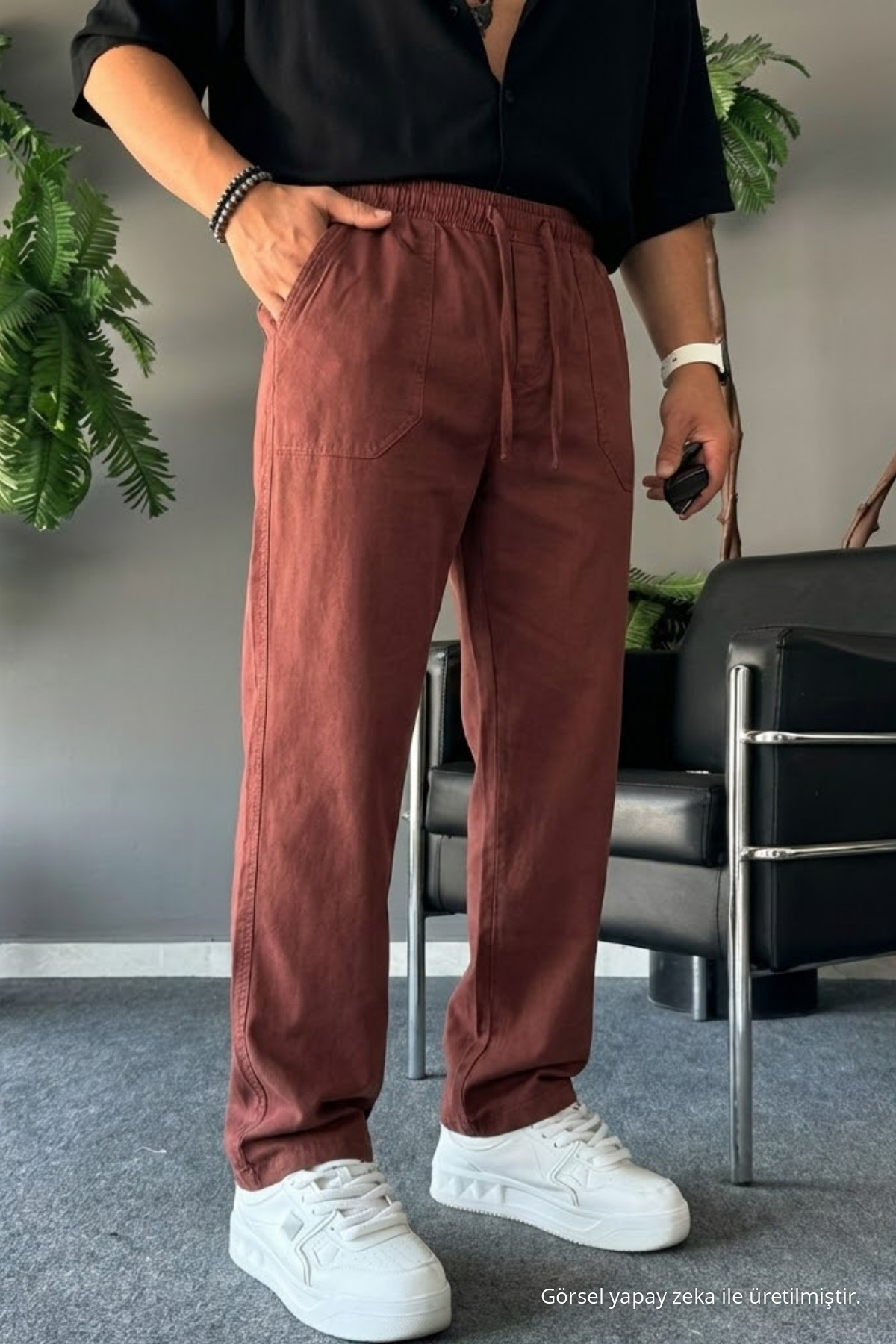 Erkek Beli Lastikli 3 Lü Keten Pantolon LACİVERT 4