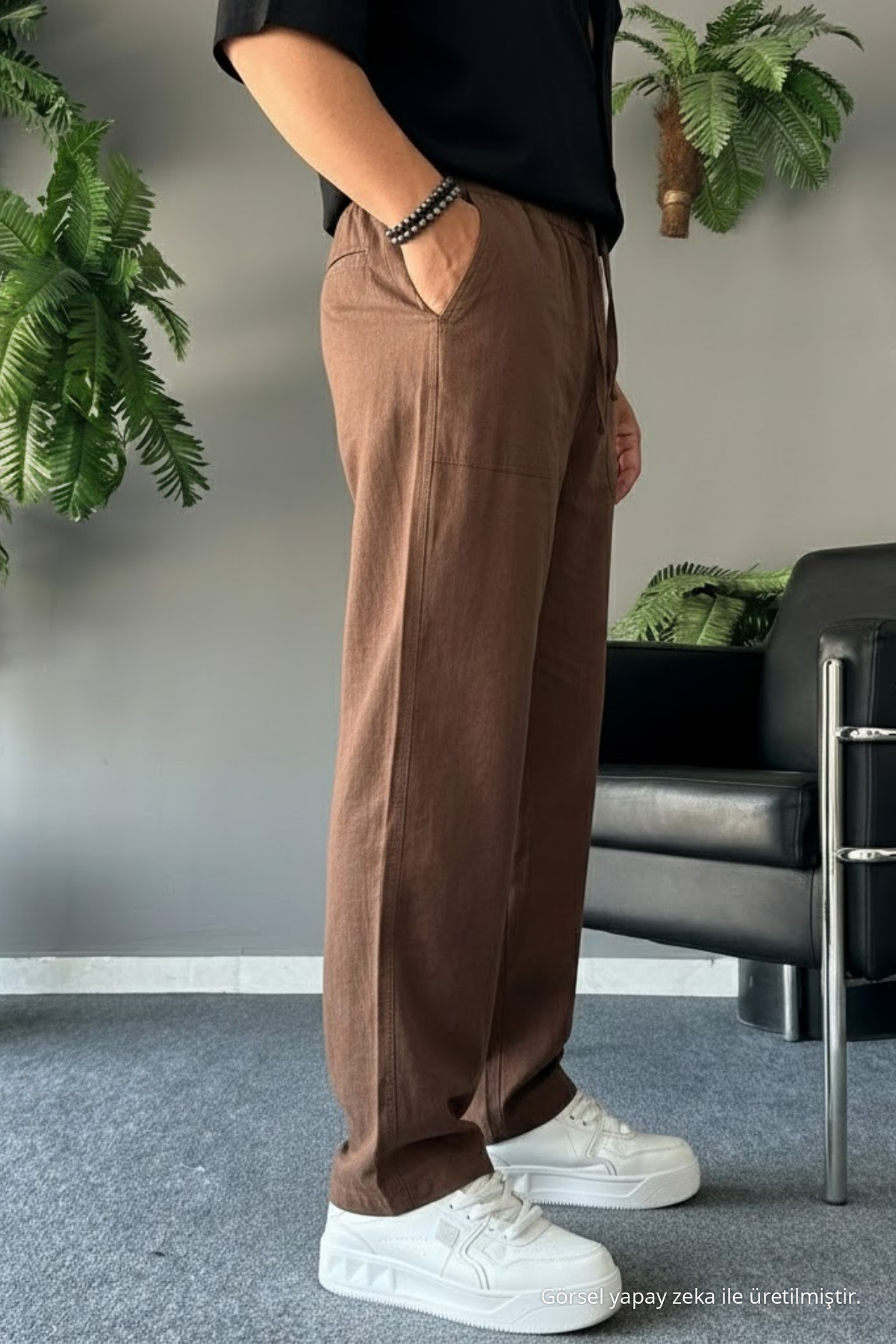 Erkek Beli Lastikli 3 Lü Keten Pantolon Siyah 7