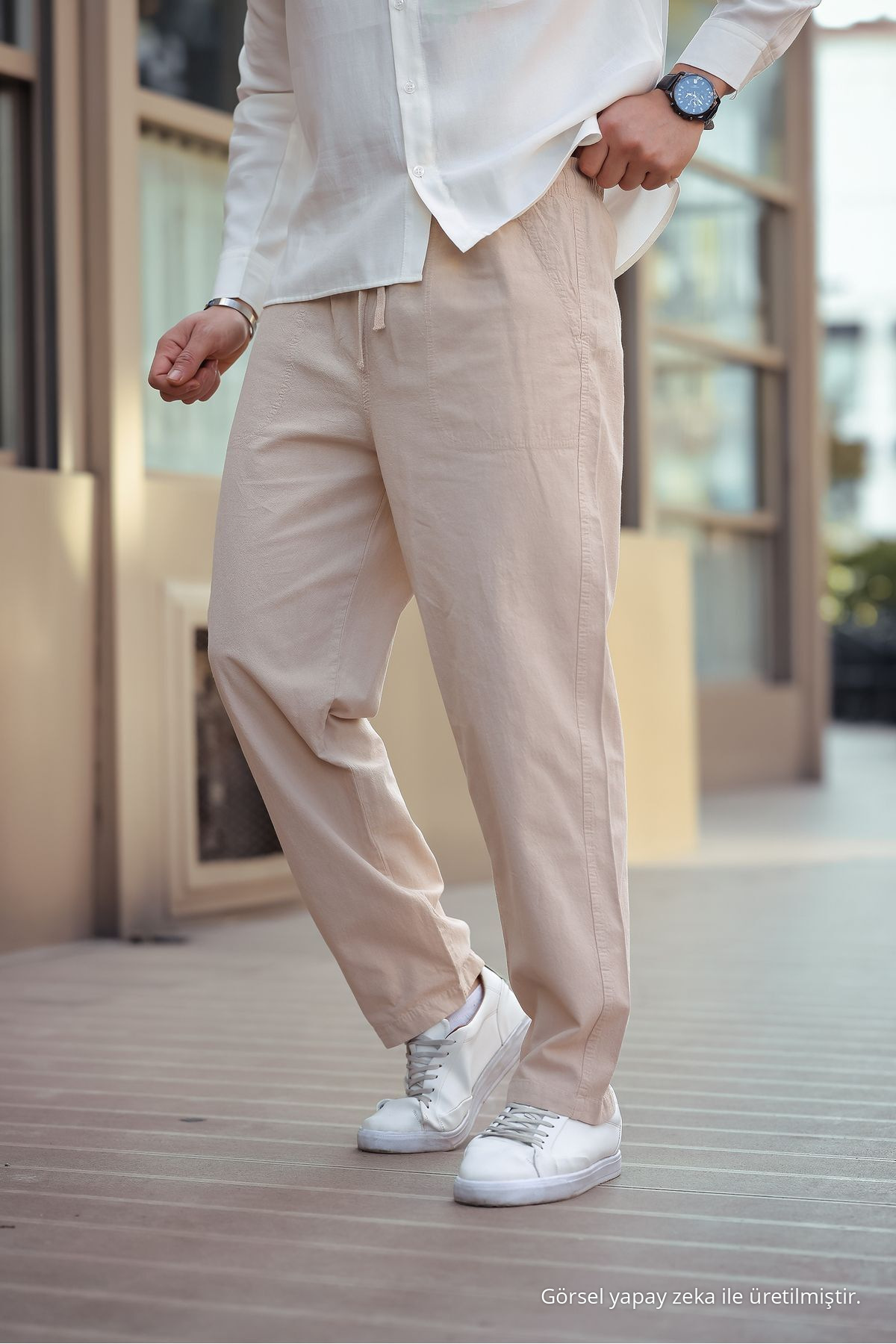 Erkek Beli Lastikli 3 Lü Bol Keten Pantolon Siyah 5