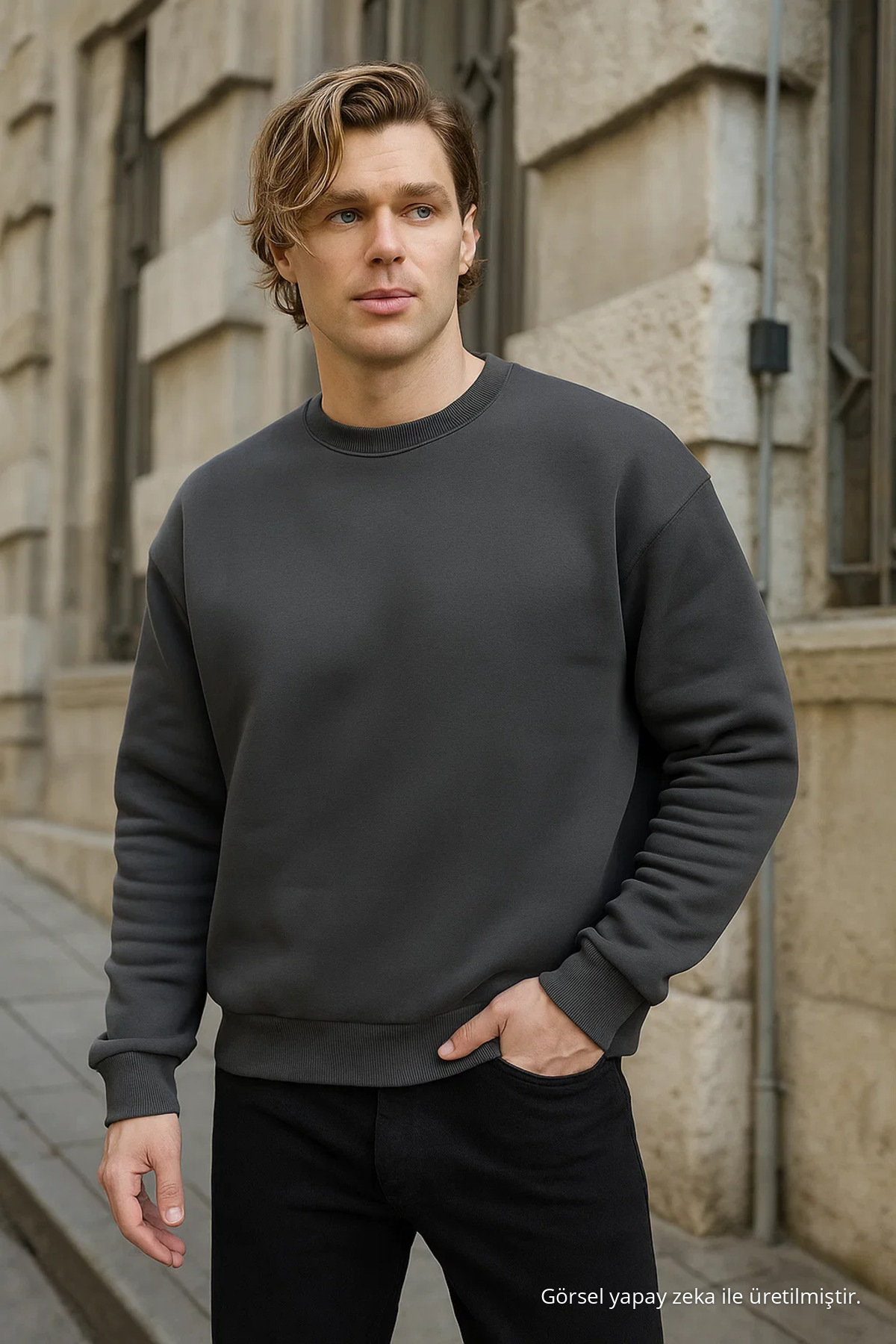 Erkek Bisiklet Yaka Bol 3 Lü Sweatshirt HAKİ 4