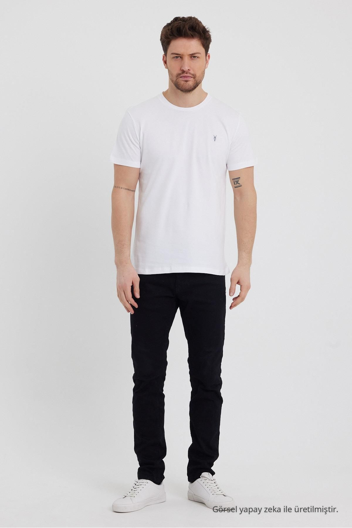 Erkek BEYAZ-LACİVERT-KIRMIZI-lacı-hakı Slim Fit Bisiklet Yaka 3-lü %100 Pamuk Tişört Paketi 5
