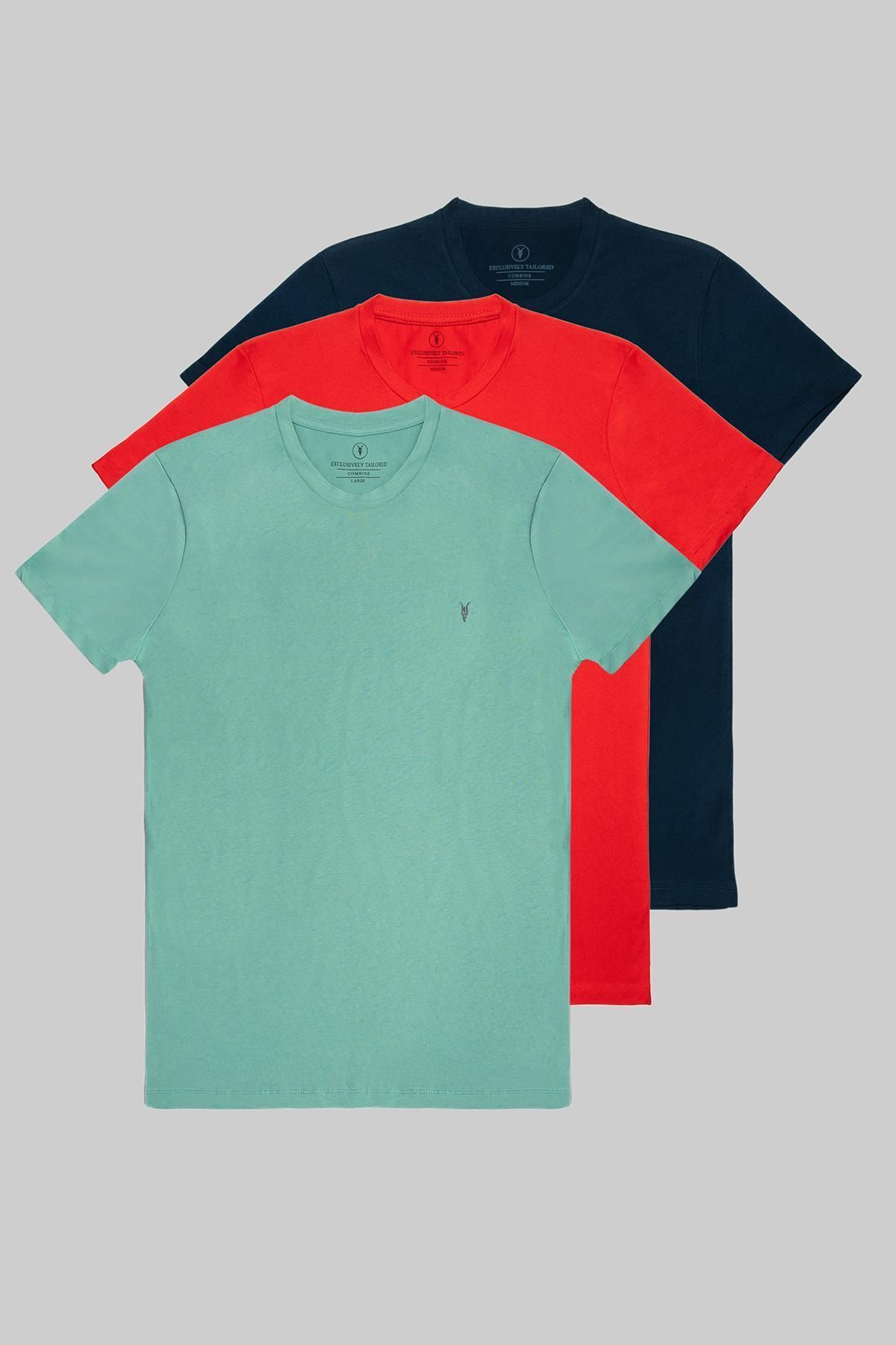 Erkek Çağla Kırmızı Lacivert %100 Pamuk 3 Lü T-shirt Paketi