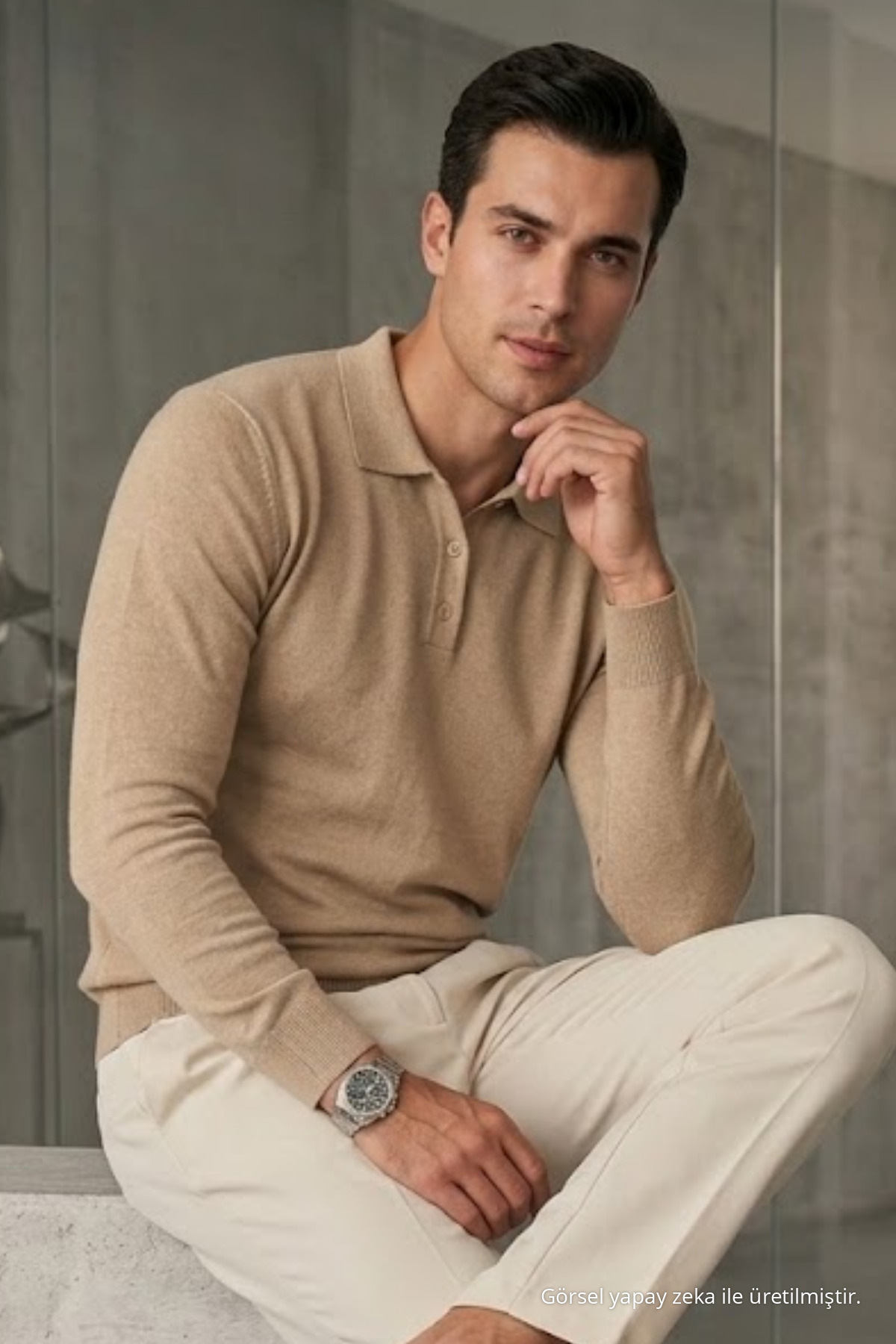 Erkek Casual Loose Reglan Krem Kazak 3