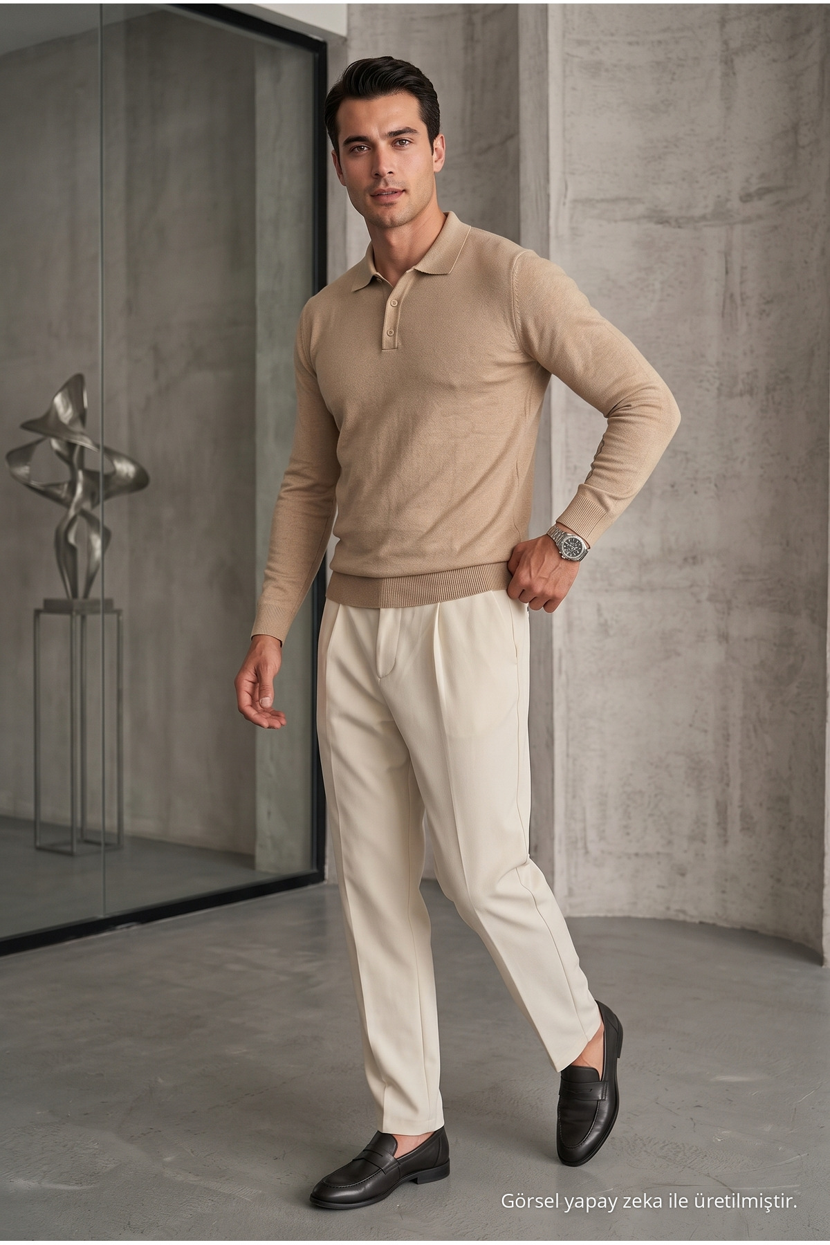 Erkek Casual Loose Reglan Krem Kazak 4