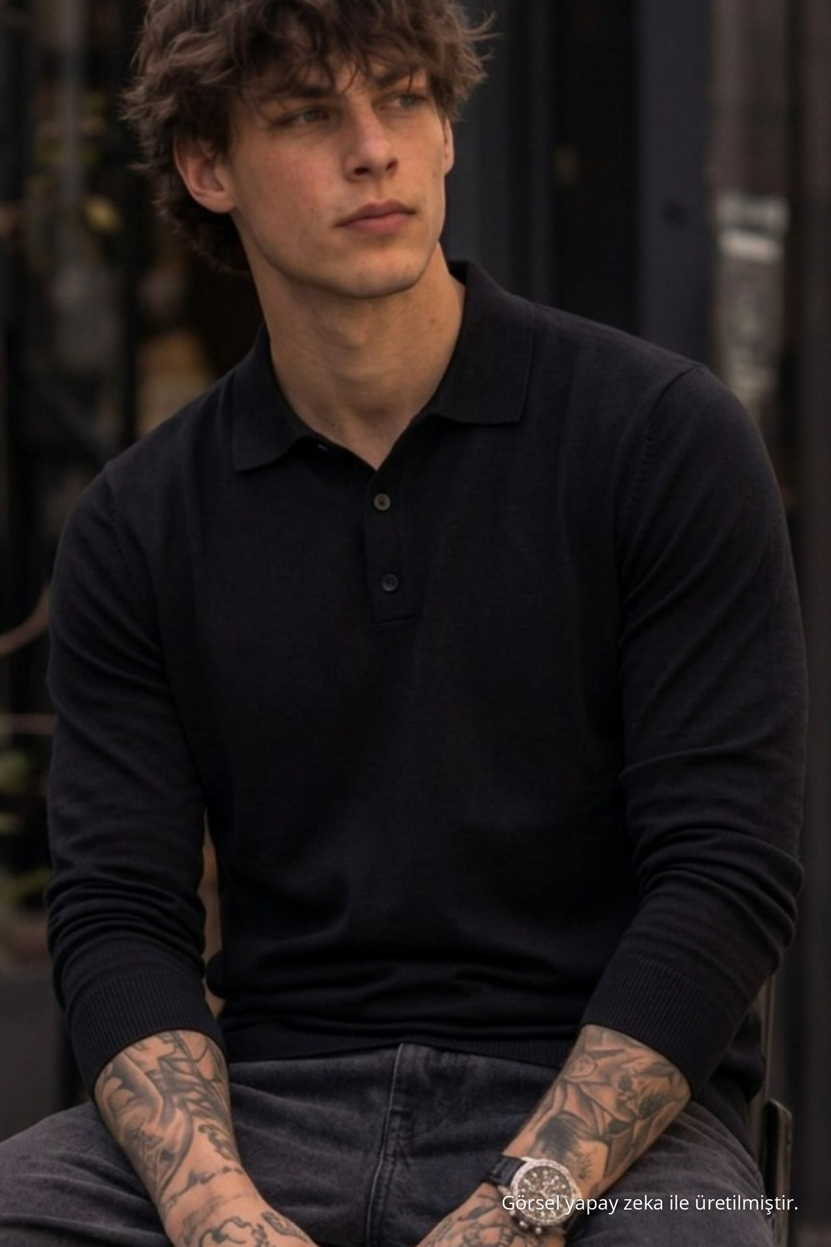 Erkek Parlak Cepsiz Düz Desen Siyah Kazak 5