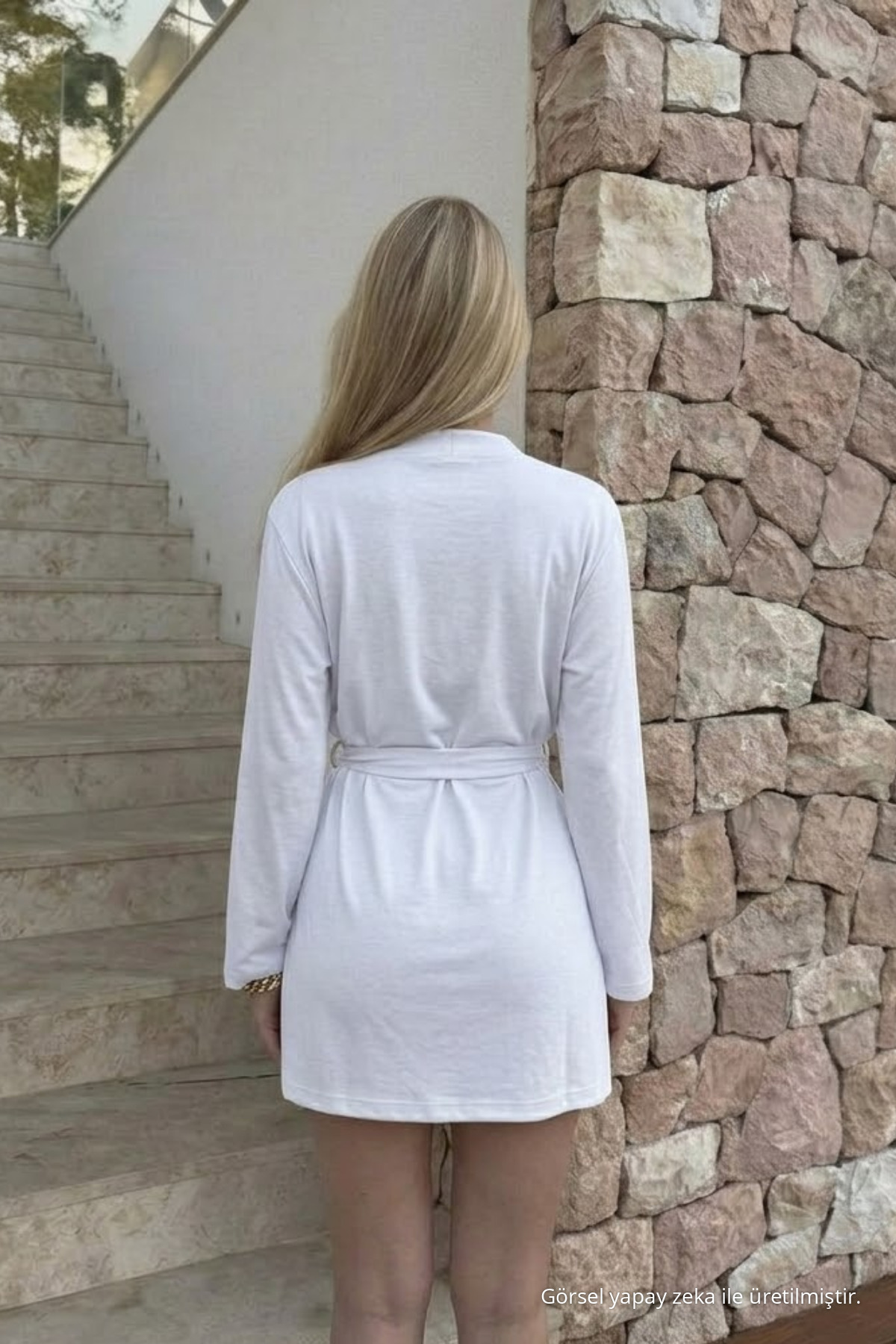 Kadın Soft Pamuklu Kuşaklı Beyaz Kimono 5