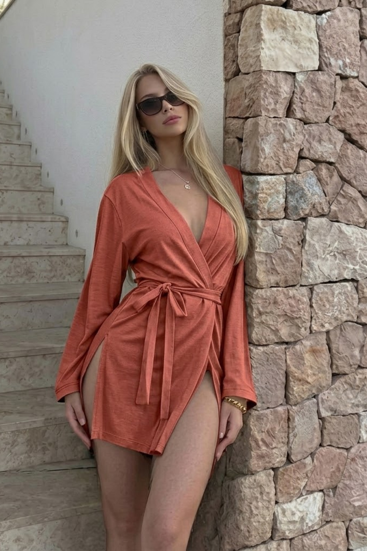 Kadın Soft Pamuklu Kuşaklı Pembe Kimono