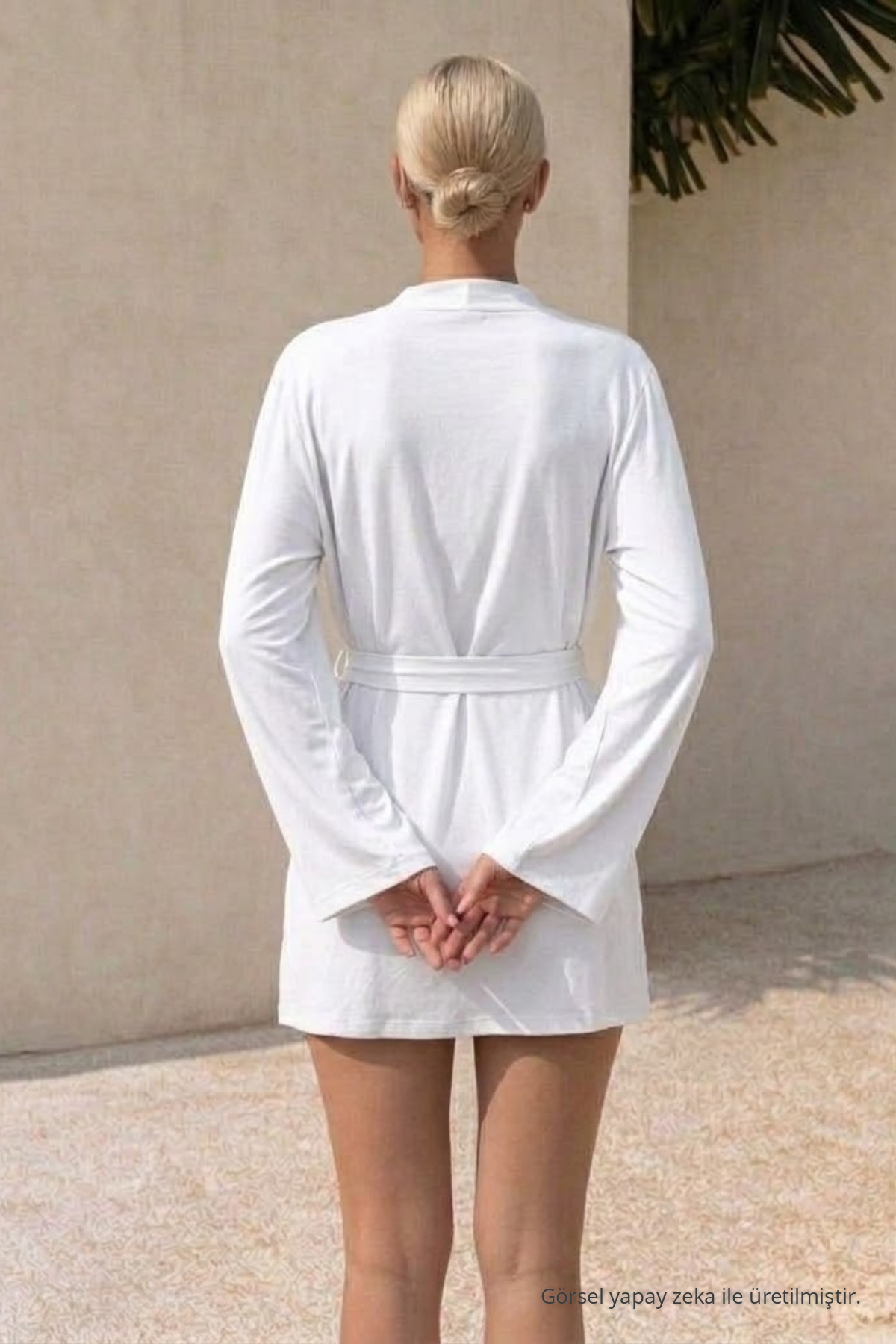 Kadın Soft V Yaka Kuşaklı Beyaz Kimono 6
