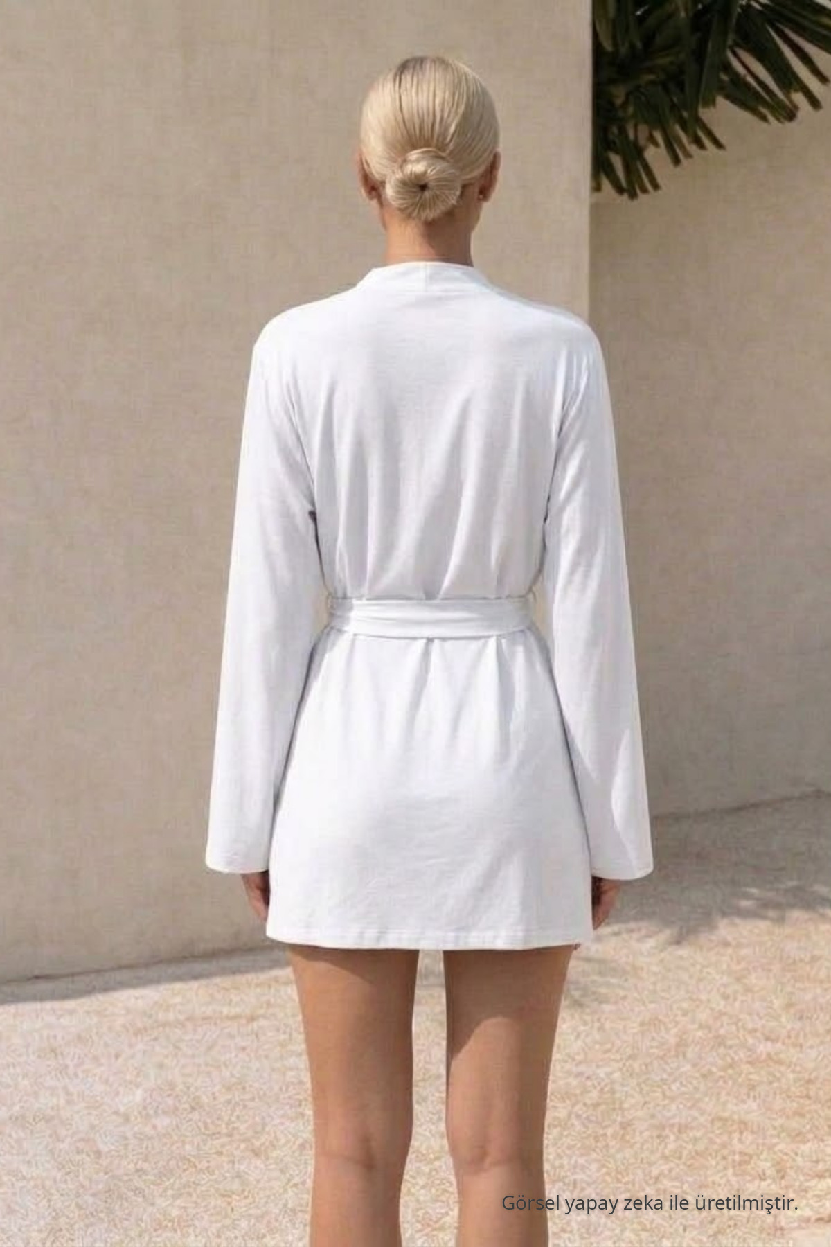 Kadın Soft V Yaka Kuşaklı Beyaz Kimono 5