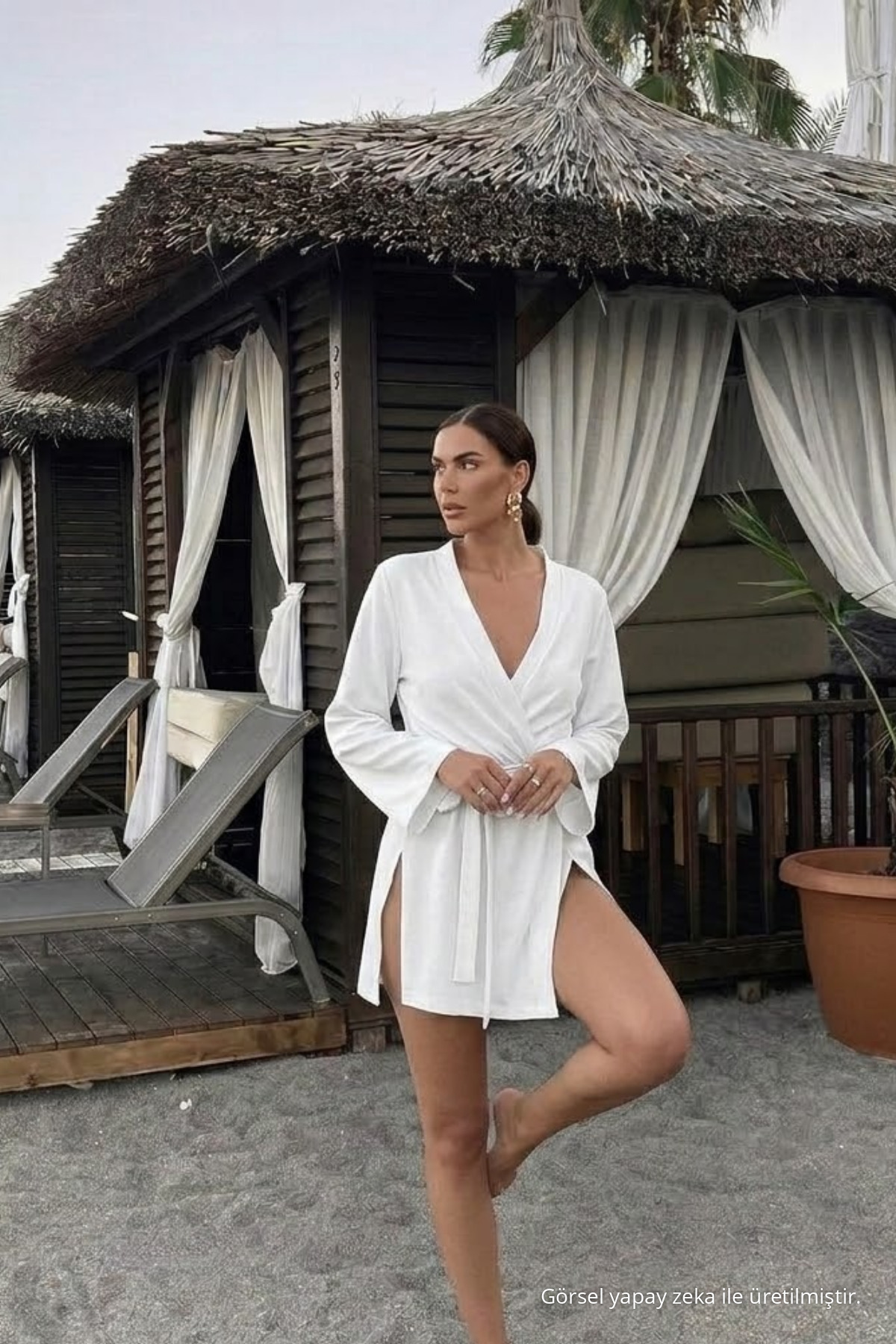 Kadın Straight Fit Basic Beyaz Mini Kimono 4