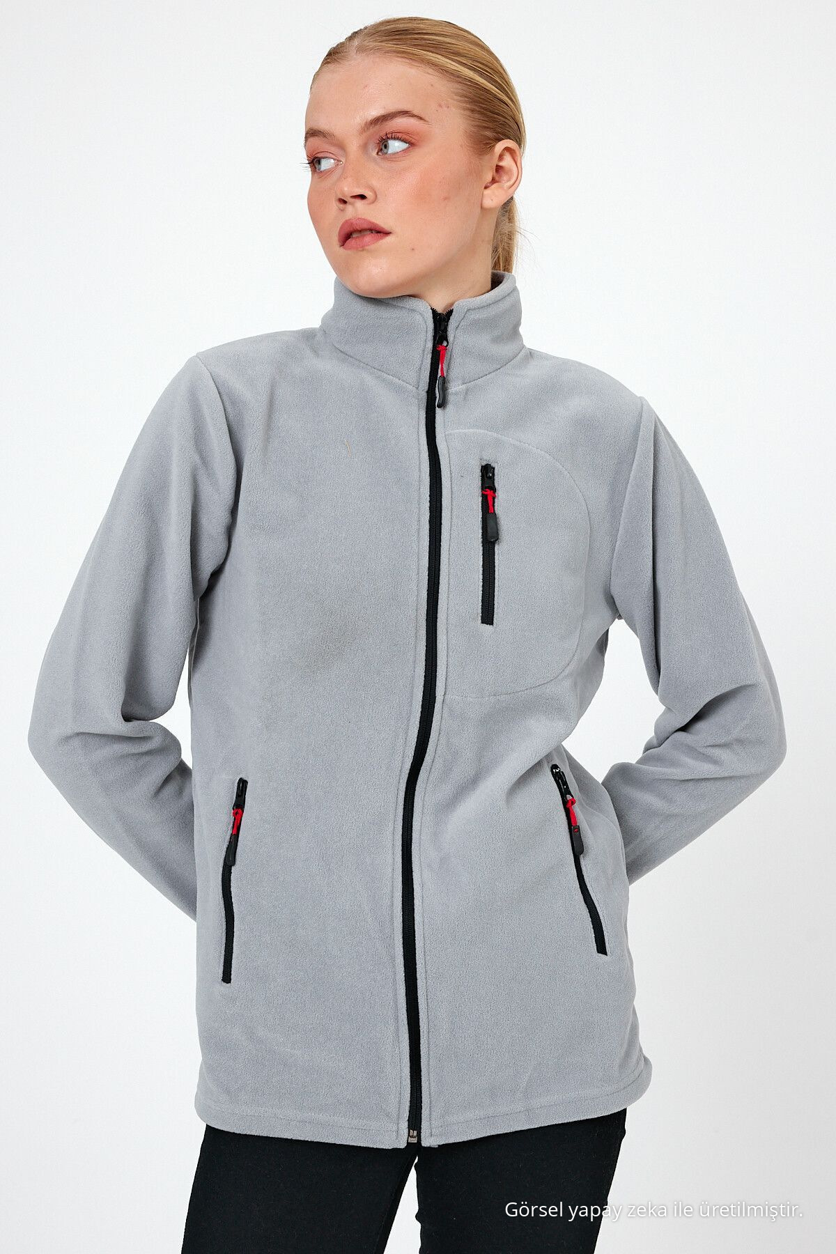 Kadın GRİ Polar Tam Fermuarlı Outdoor 3 Cepli Spor Polar Ceket 4