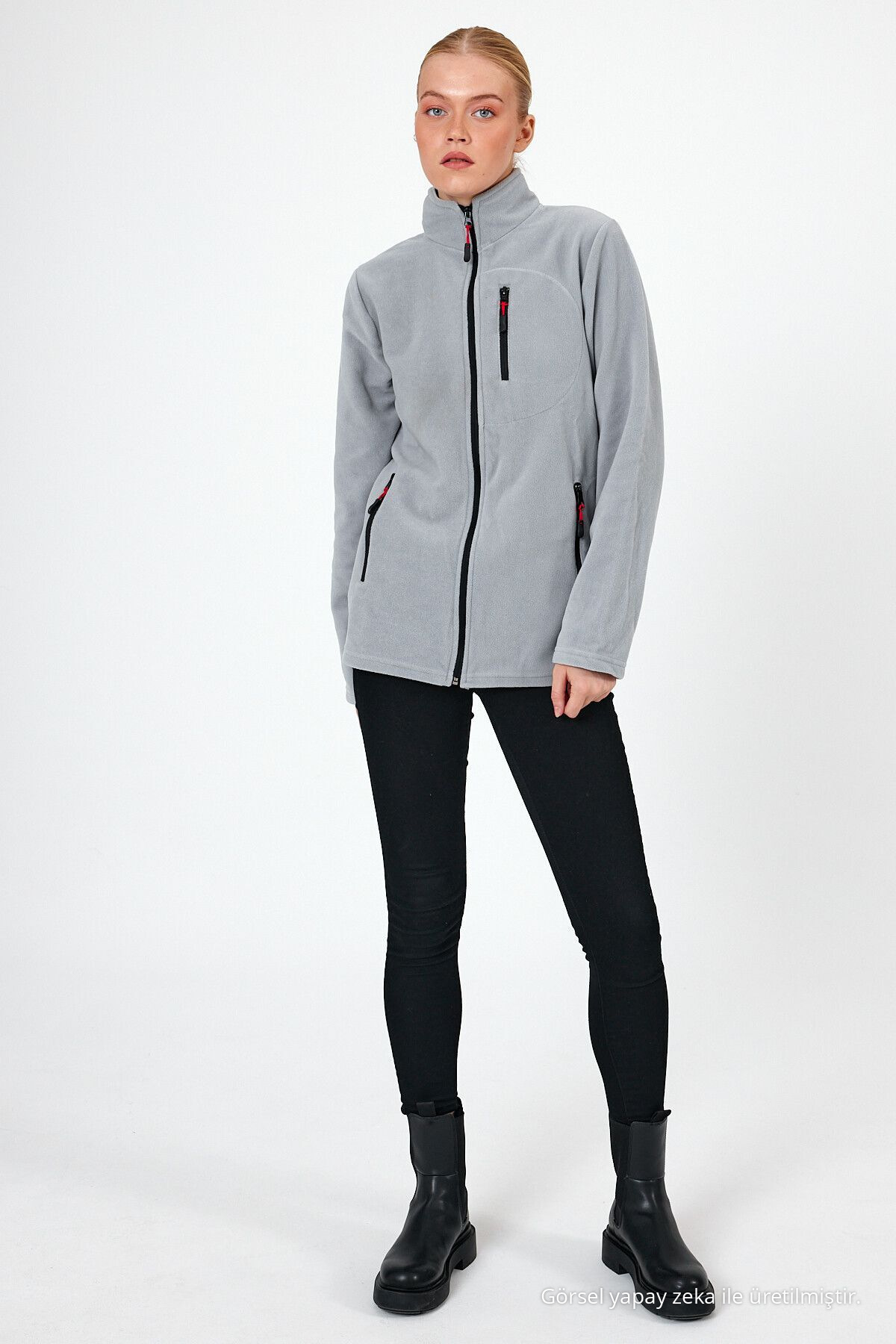Kadın GRİ Polar Tam Fermuarlı Outdoor 3 Cepli Spor Polar Ceket 5