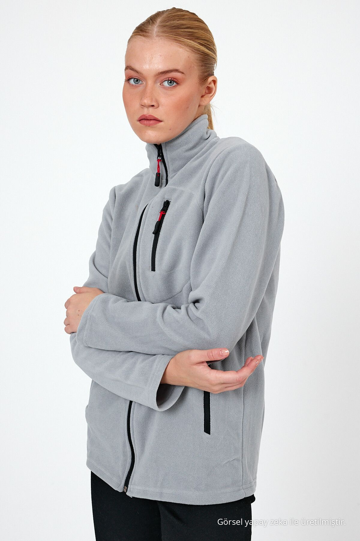 Kadın GRİ Polar Tam Fermuarlı Outdoor 3 Cepli Spor Polar Ceket 3