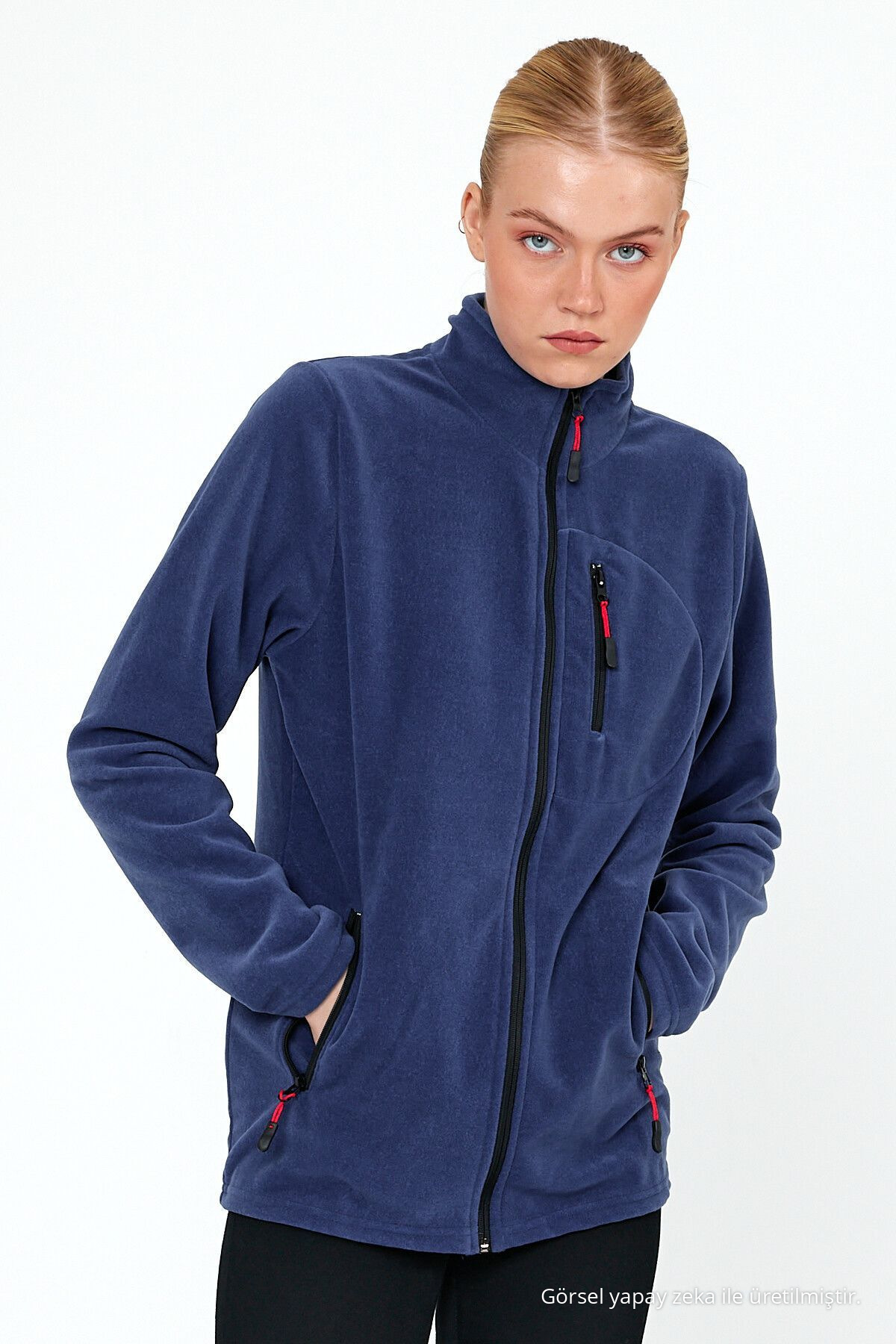 Kadın İNDİGO Polar Tam Fermuarlı Outdoor 3 Cepli Spor Polar Ceket 4