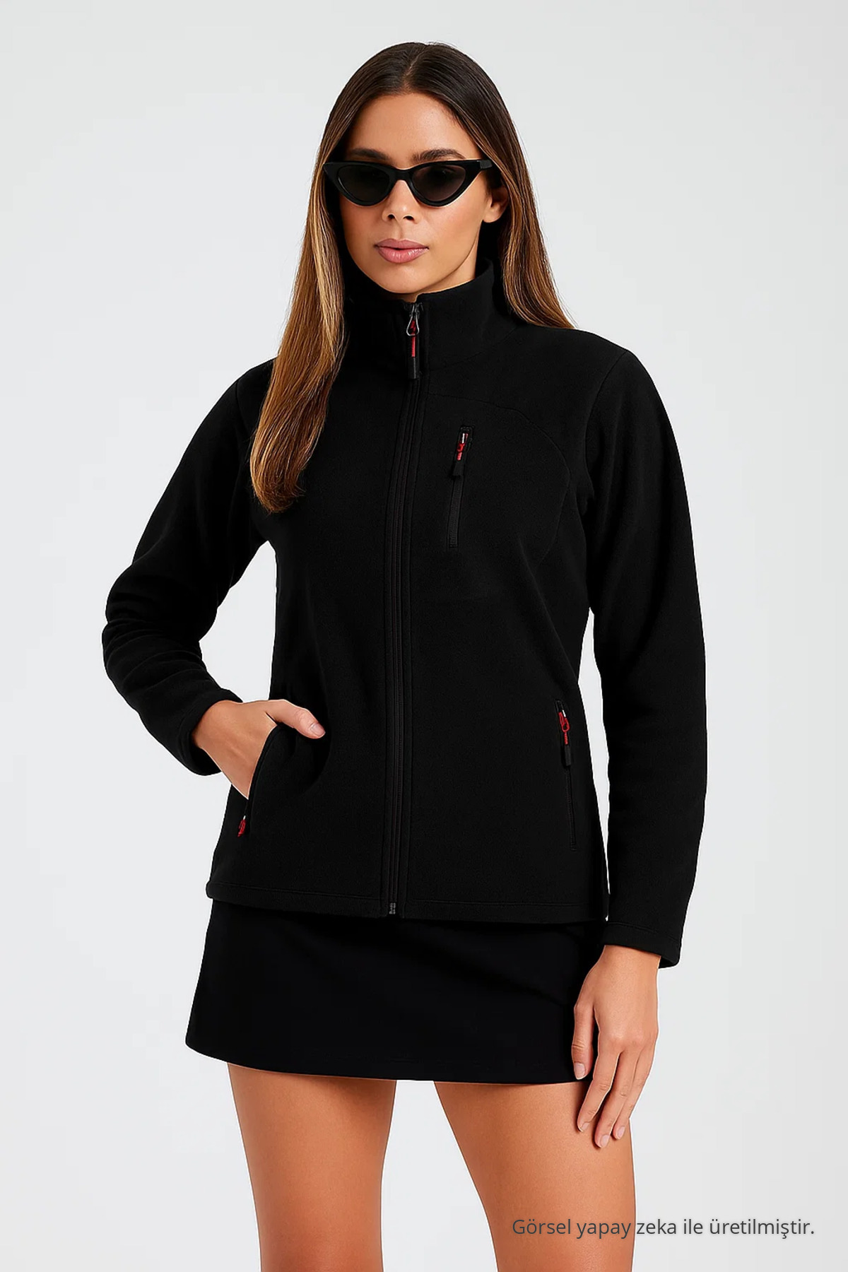 Kadın SİYAH Polar Tam Fermuarlı Outdoor 3 Cepli Spor Polar Ceket 3
