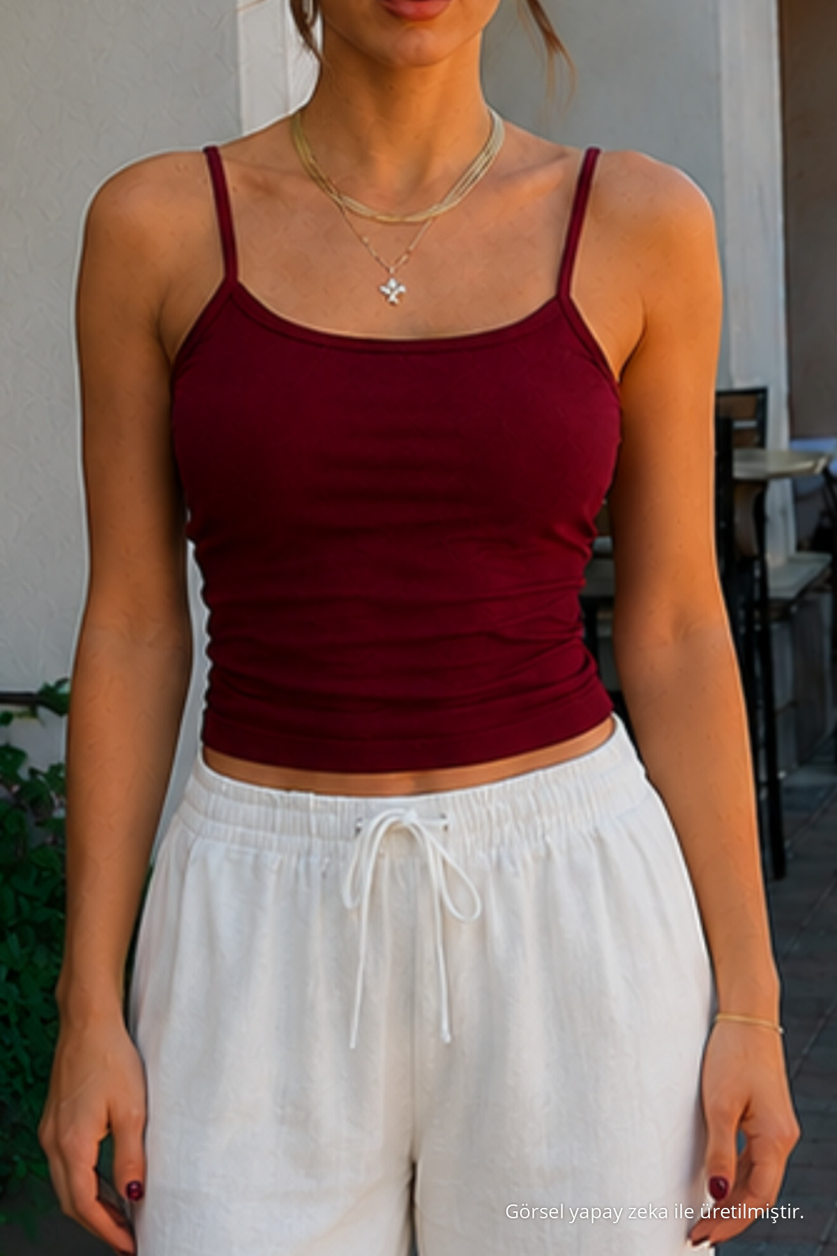 Kadın İnce Askılı 5 Li Bordo Crop Bluz 7