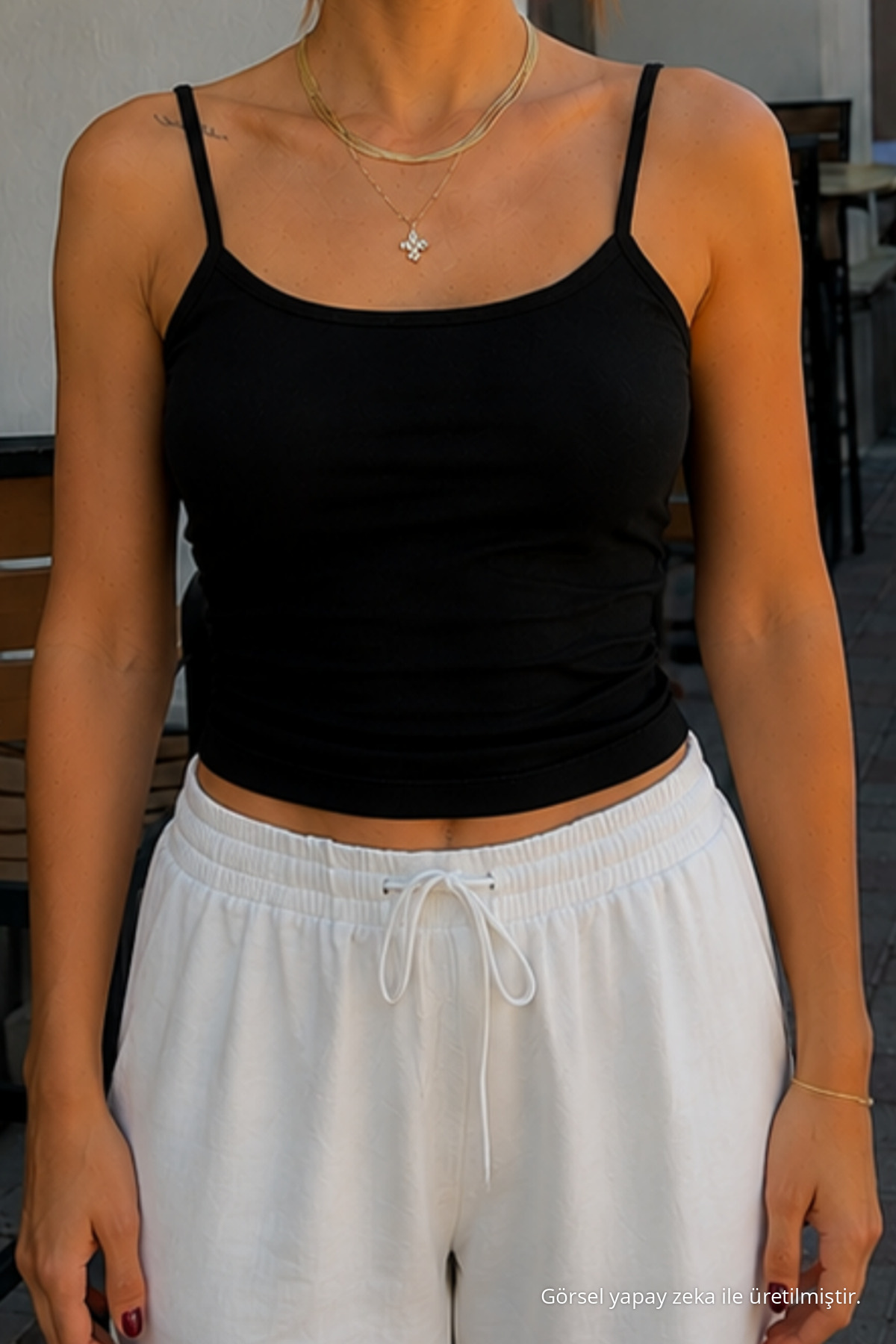 Kadın İnce Askılı 5 Li Siyah Crop Bluz 7