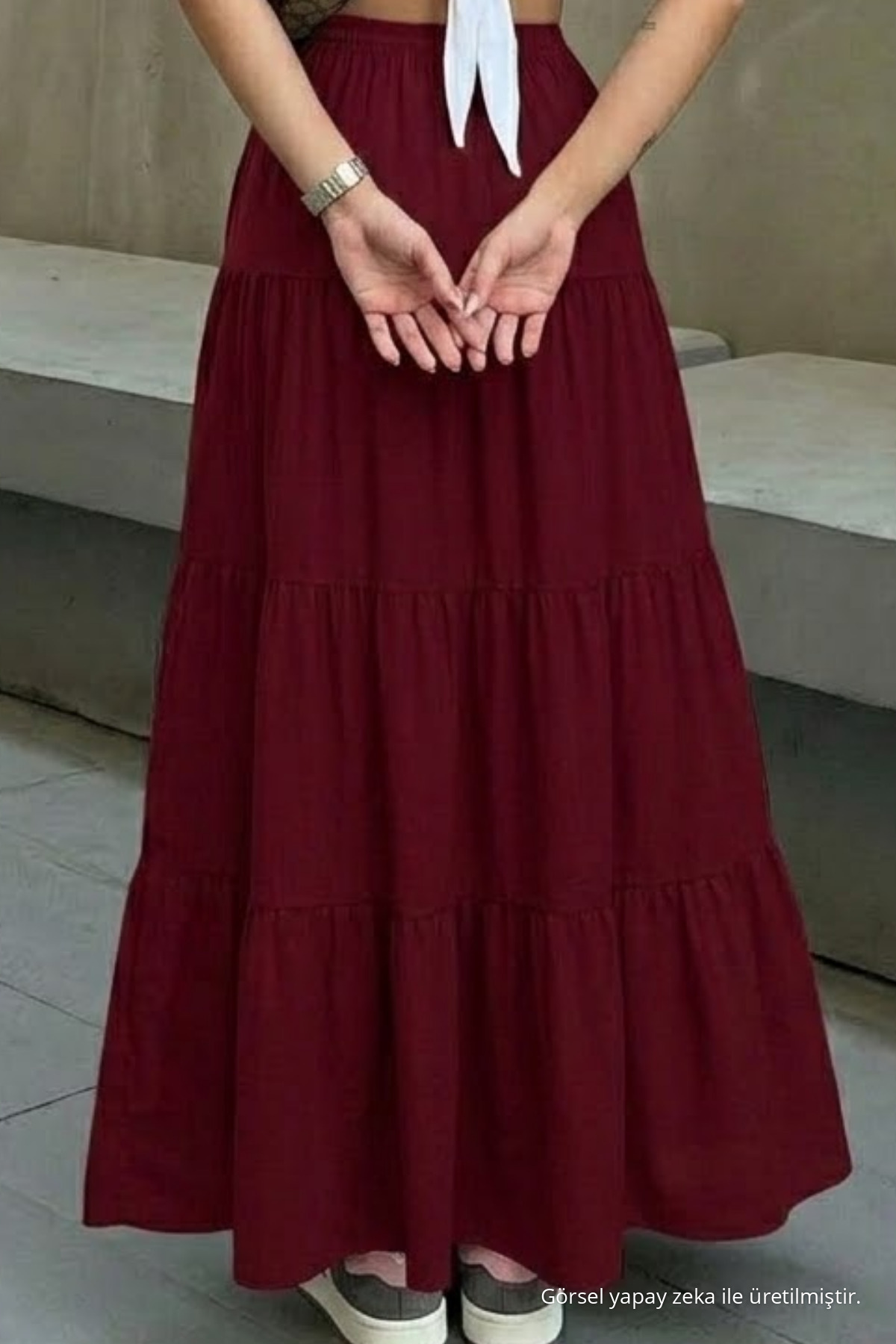 Kadın Lastikli Katlı Bordo Uzun Kloş Etek 6