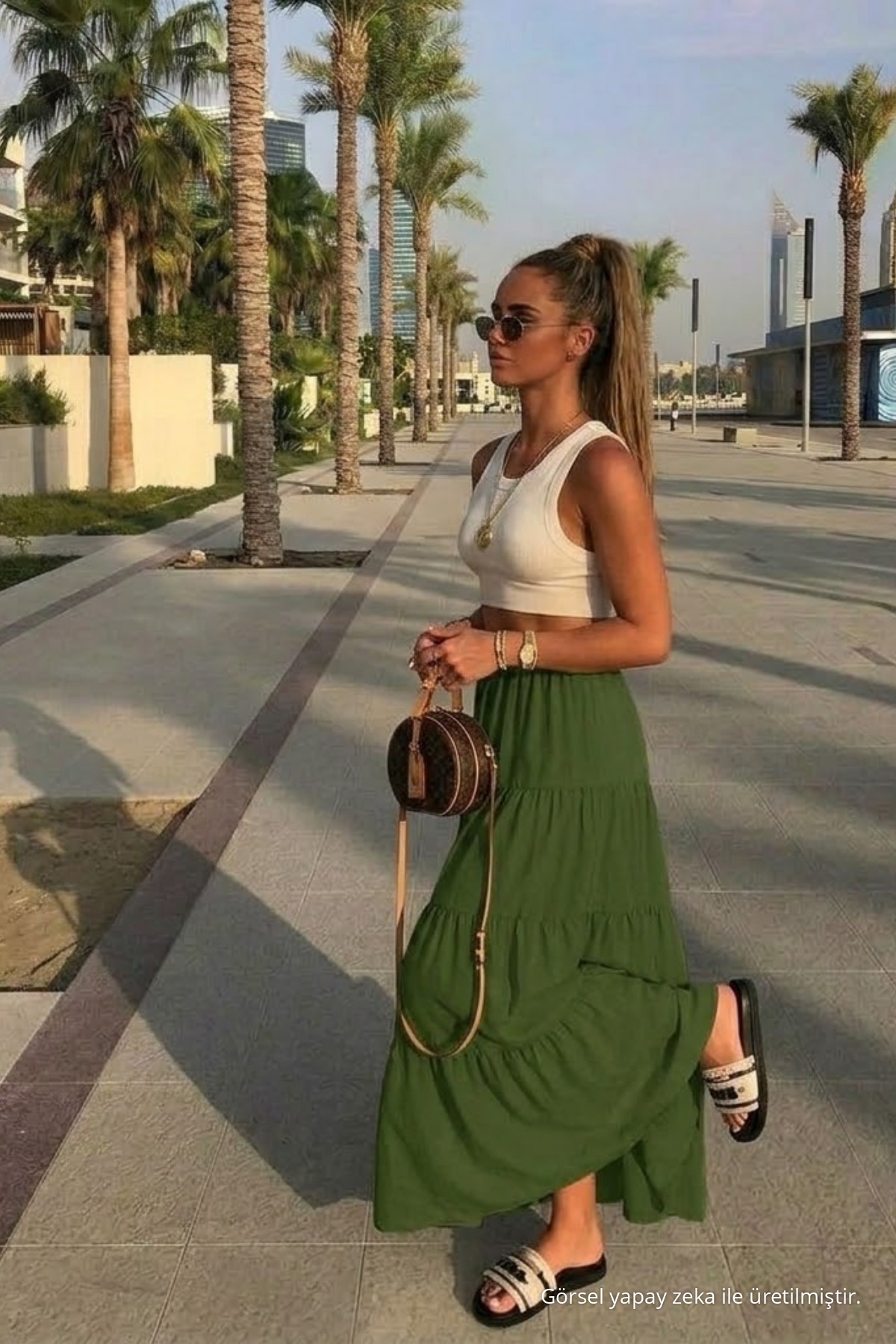 Kadın Yazlık Rahat Haki Uzun Kloş Etek 4