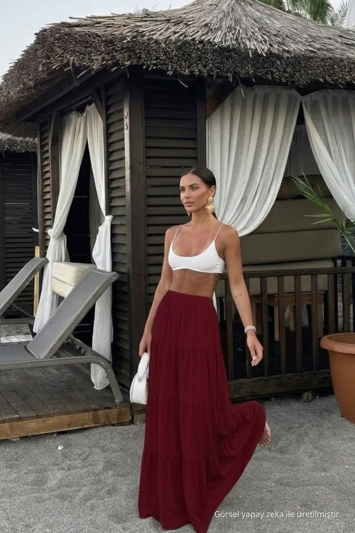 Kadın Comfort Fit Basic Bordo Uzun Kloş Etek 3