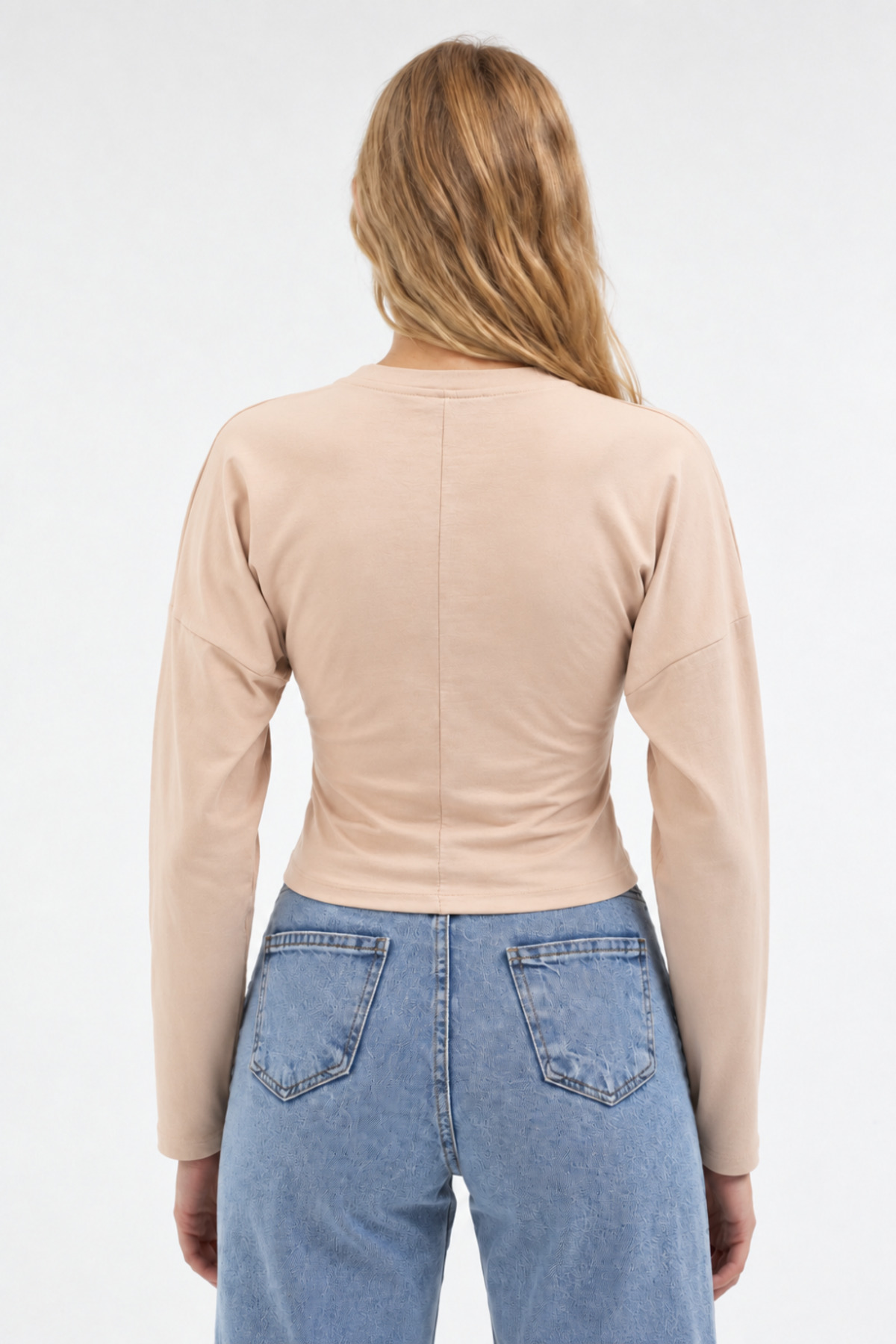 Bej Bisiklet Yaka Uzun Kollu Crop Bluz 3