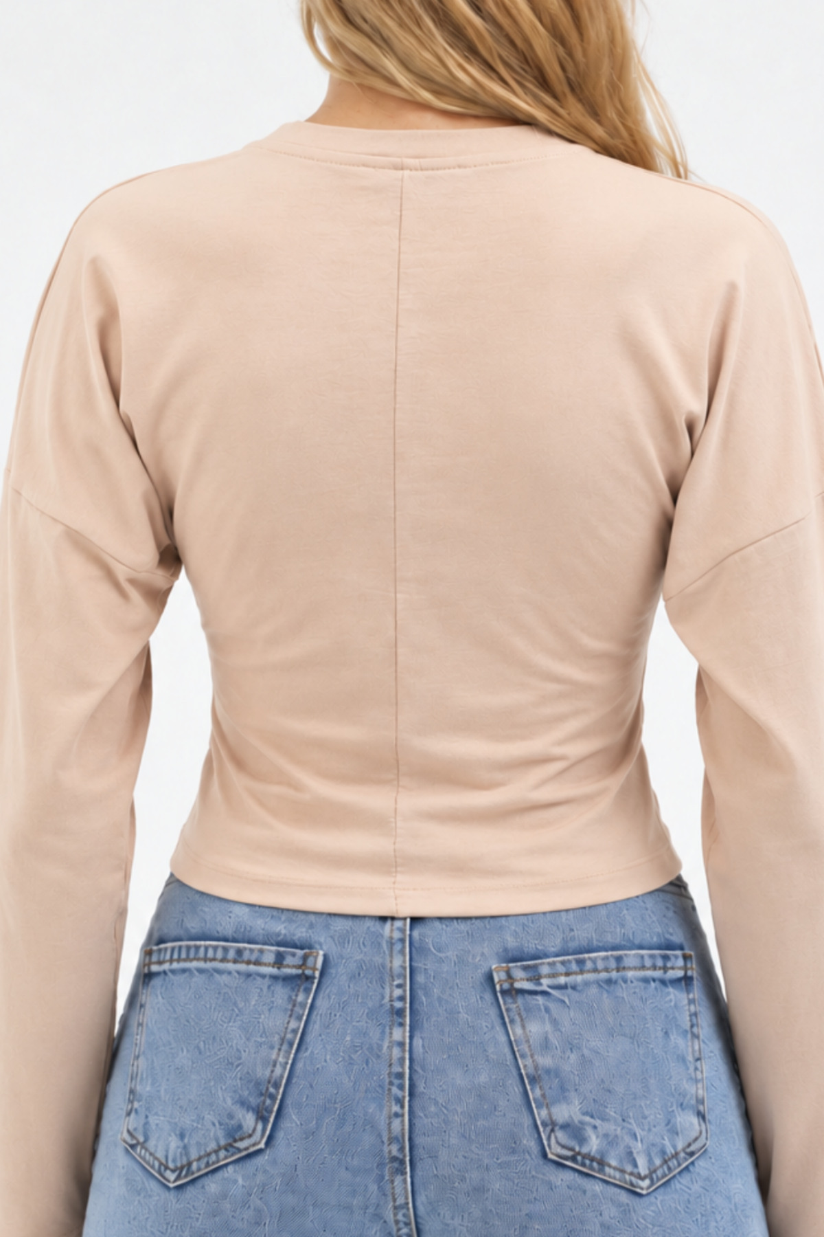 Bej Bisiklet Yaka Uzun Kollu Crop Bluz 6