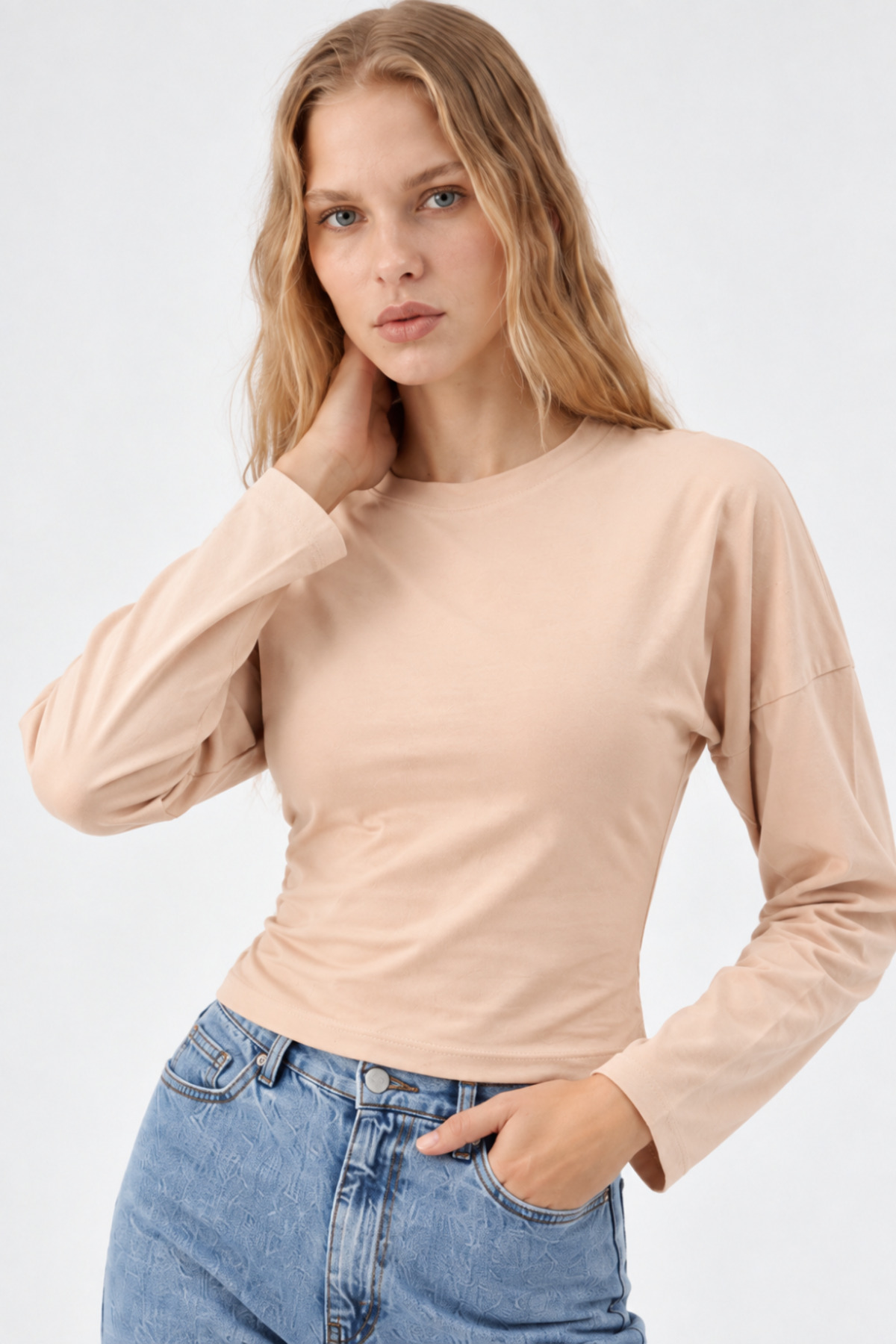 Bej Bisiklet Yaka Uzun Kollu Crop Bluz 4
