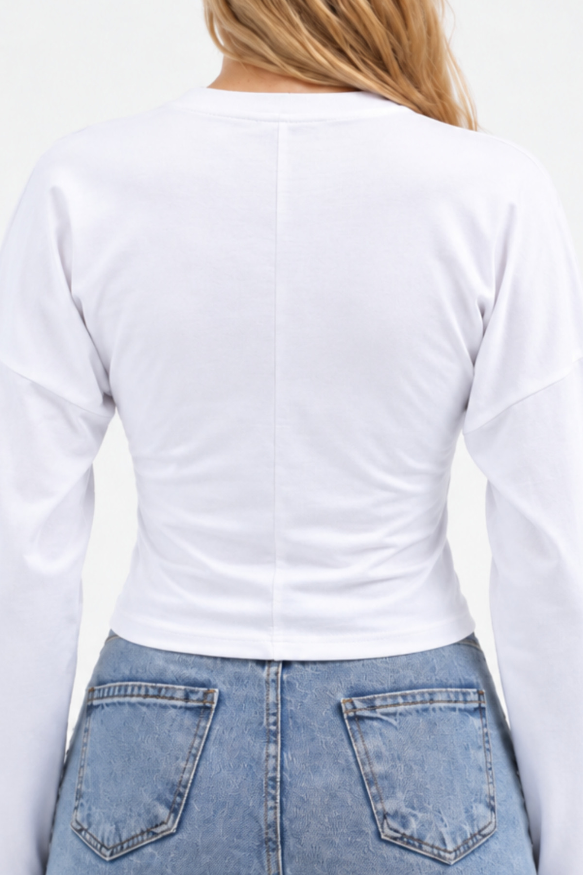 Beyaz Bisiklet Yaka Uzun Kollu Crop Bluz 6