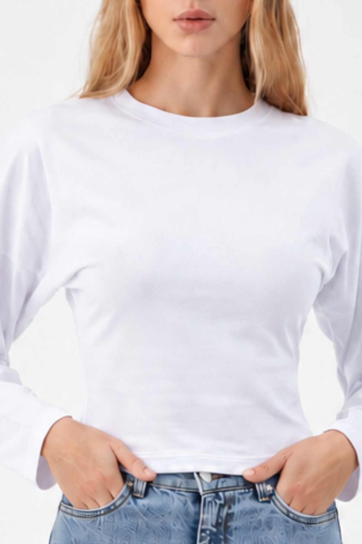 Beyaz Bisiklet Yaka Uzun Kollu Crop Bluz 5