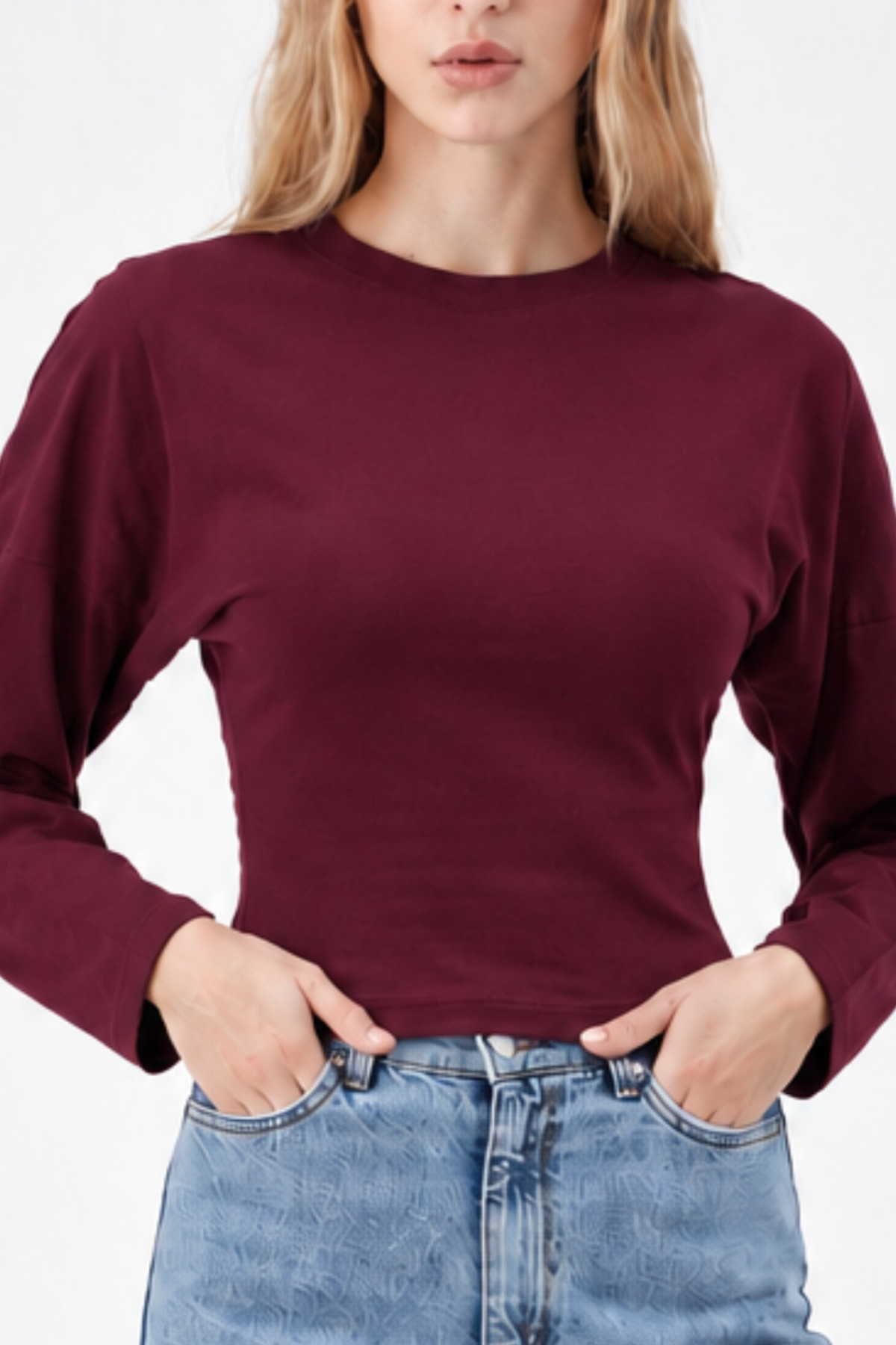 Bordo Bisiklet Yaka Uzun Kollu Crop Bluz 5